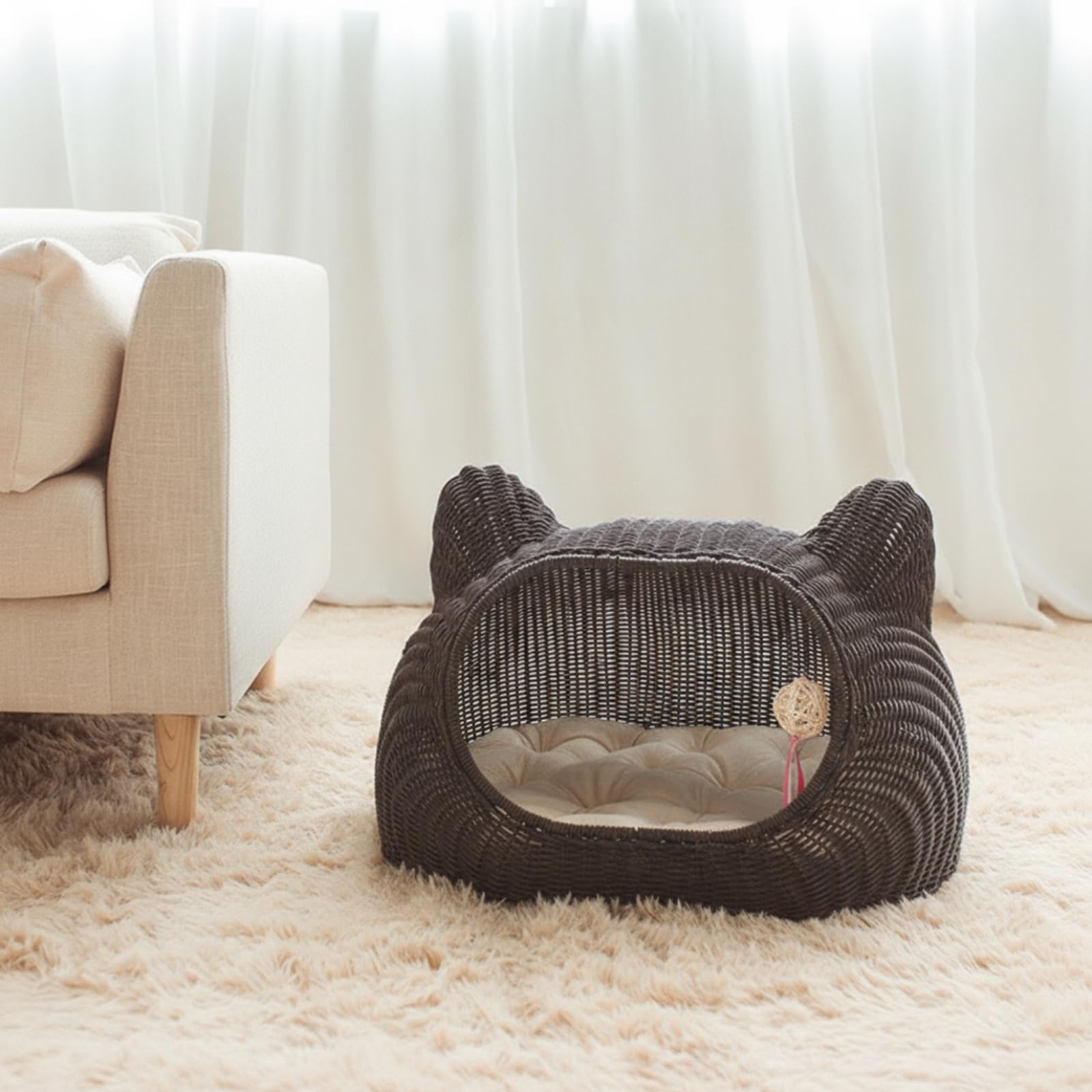 Cuccia per Gatto Letto Rifugio Giochi Casa Intrecciata in Rattan PP con Orecchie Design Chiuso con Ingresso Ampio Pavimento Imbottito Adatta per, 樱花粉, 大号