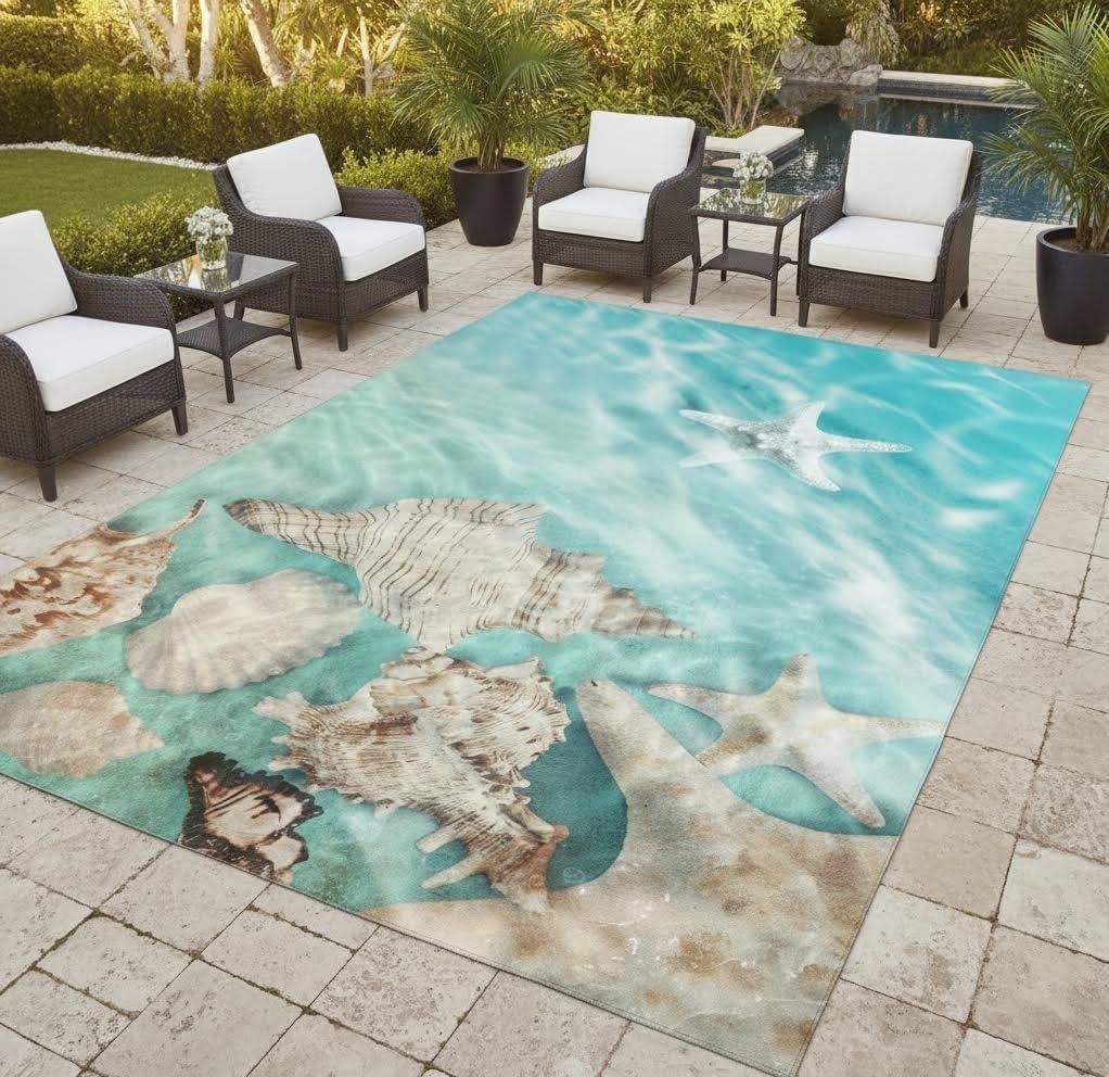 Teal Ocean Beach Theme Shell and Starfish Area Rug for Bedroom Playroom Living Room Washable Soft Funky Cute Dining Room Carpet Indoor No-Slip Hallway Kitchen Bathroom Rug 2x6