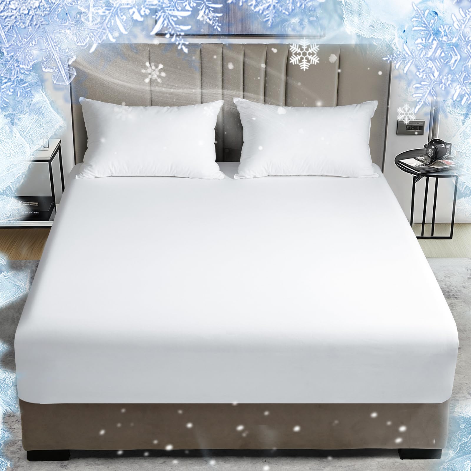 David's HomeCooling Fitted Sheet King Size, 100% Rayon Derived from Bamboo, 16" Deep Pocket 2.5cm Wider Elastic, Luxury Smooth Silky Soft Breathable Bottom Sheet for Hot Sleeper, WhiteOEKO-TEX STANDARD 100