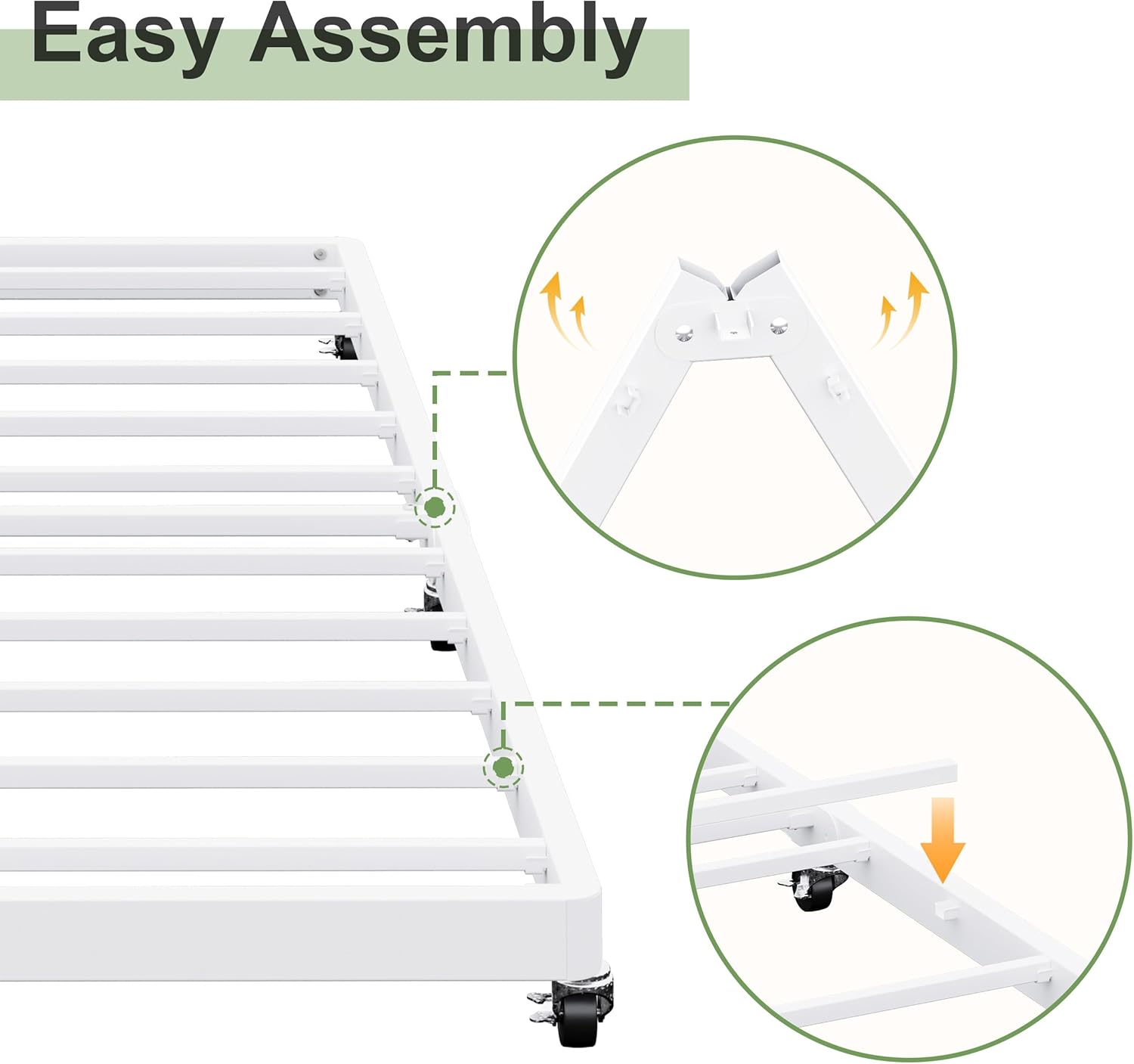 Twin Trundle Bed Frame with Metal Slats, Roll-Out Design, Easy Assembly Steel Frame with Lockable Wheels, Noiseless Pull Out Bed for Bedroom, Living Room or Guest Room, White