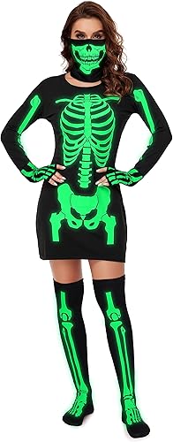 SOMSOC Disfraz de esqueleto para mujer, disfraz de esqueleto que brilla en la oscuridad, vestido de esqueleto con guantes altos, conjunto de