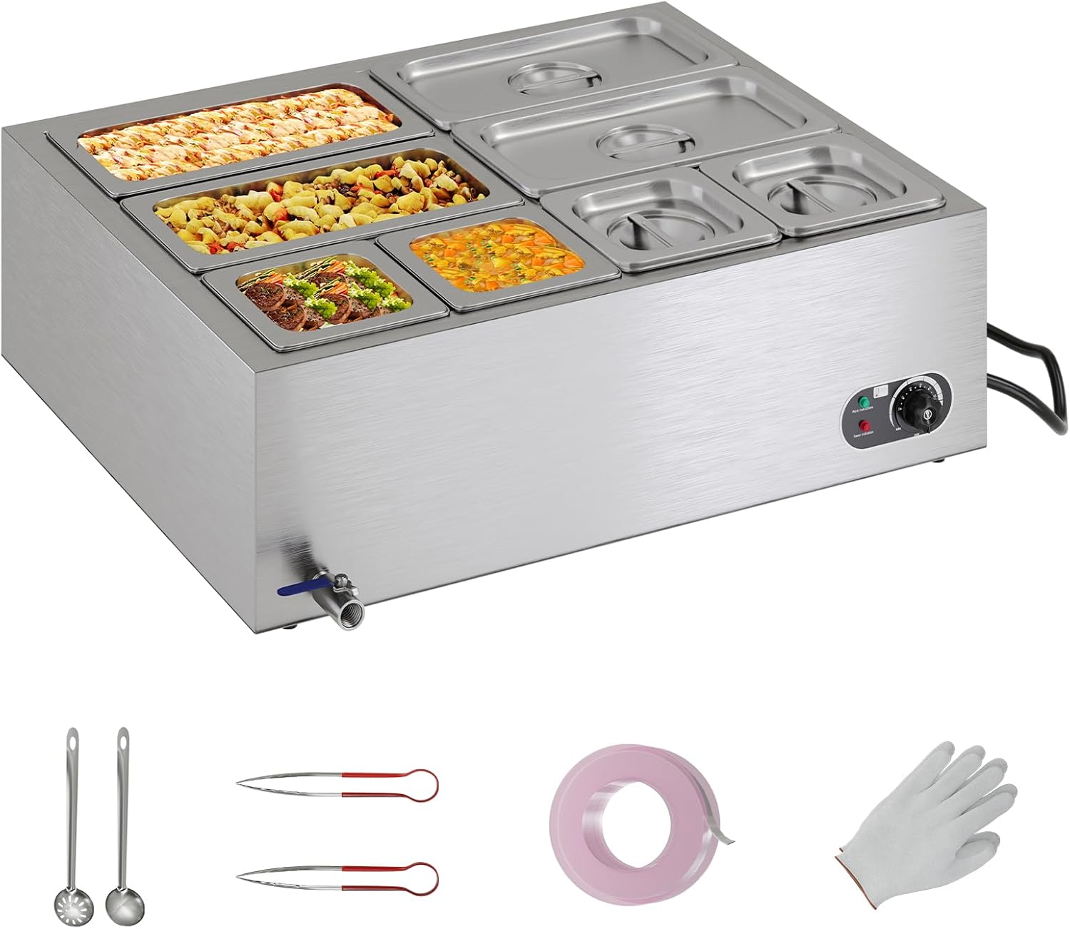 Jocisland 8-Pan Commercial Food Warmer, 48QT Electric Steam Table, 1200W Stainless Steel with Temp Control, Lid & Food Tongs for Catering and Parties, 110V