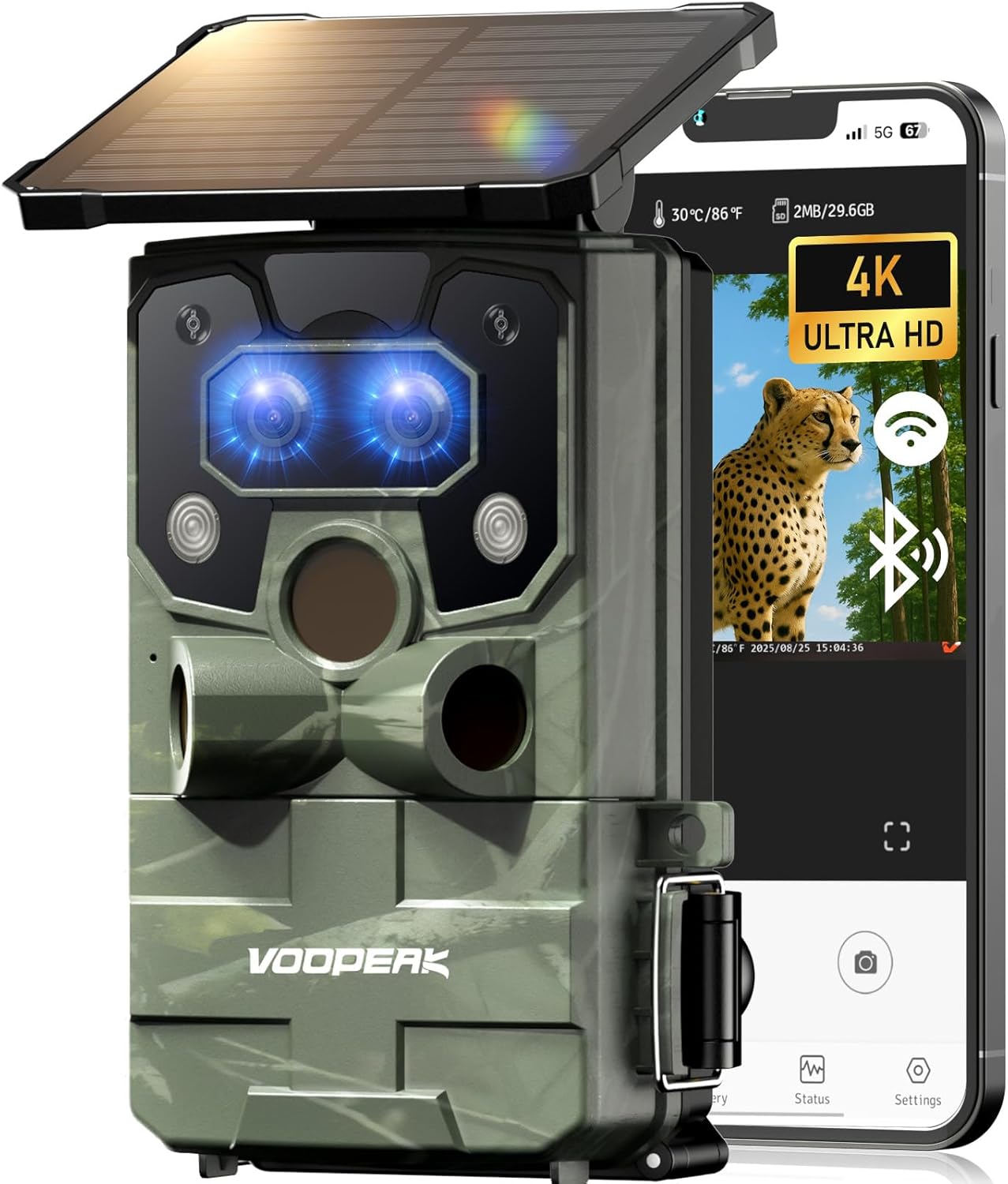 VOOPEAK WiFi Trail Camera, 4K Solar Game Camera Starlight Night Vision Dual Lens, 0.1s Trigger, 2” Display, IP66 Waterproof, Motion Activated Outdoor Camera for Wildlife Monitoring & Security
