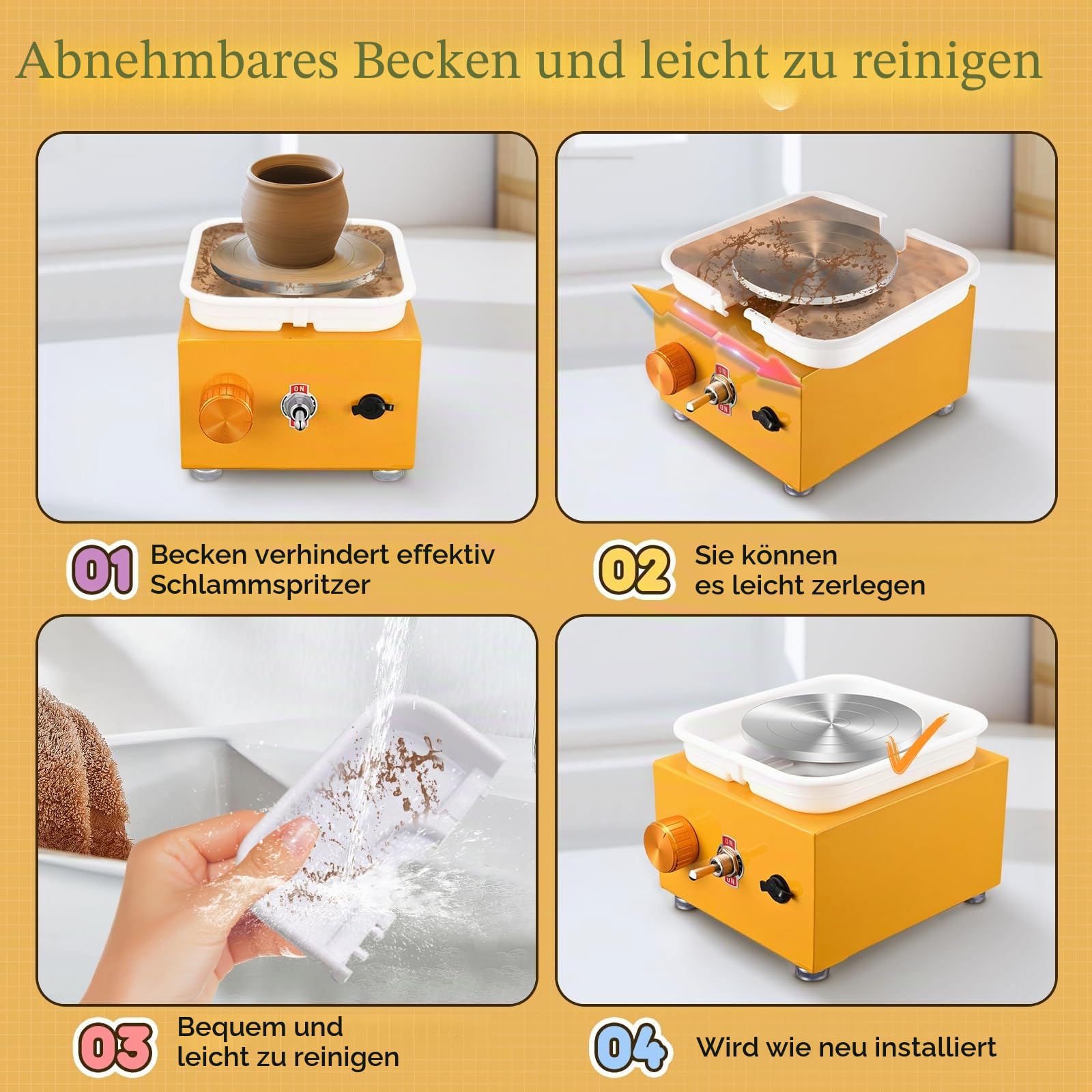 Mini Elektrisch Töpfermaschine, Couleeur 2000RPM 10/6.5CM Einstellbare Geschwindigkeit Metall-Drehteller Töpferscheibe mit Tonformwerkzeug Geliefert und ABS-Becken für Töpfer-Heimwerker (Gelb)