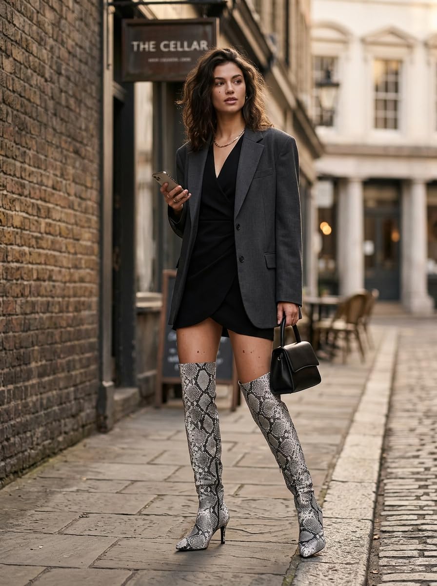 Women's Pointed Toe Stiletto High Heel Over the Knee Boots - 3-Inch Side Zipper Pleated Snakeskin Thigh High Booties
