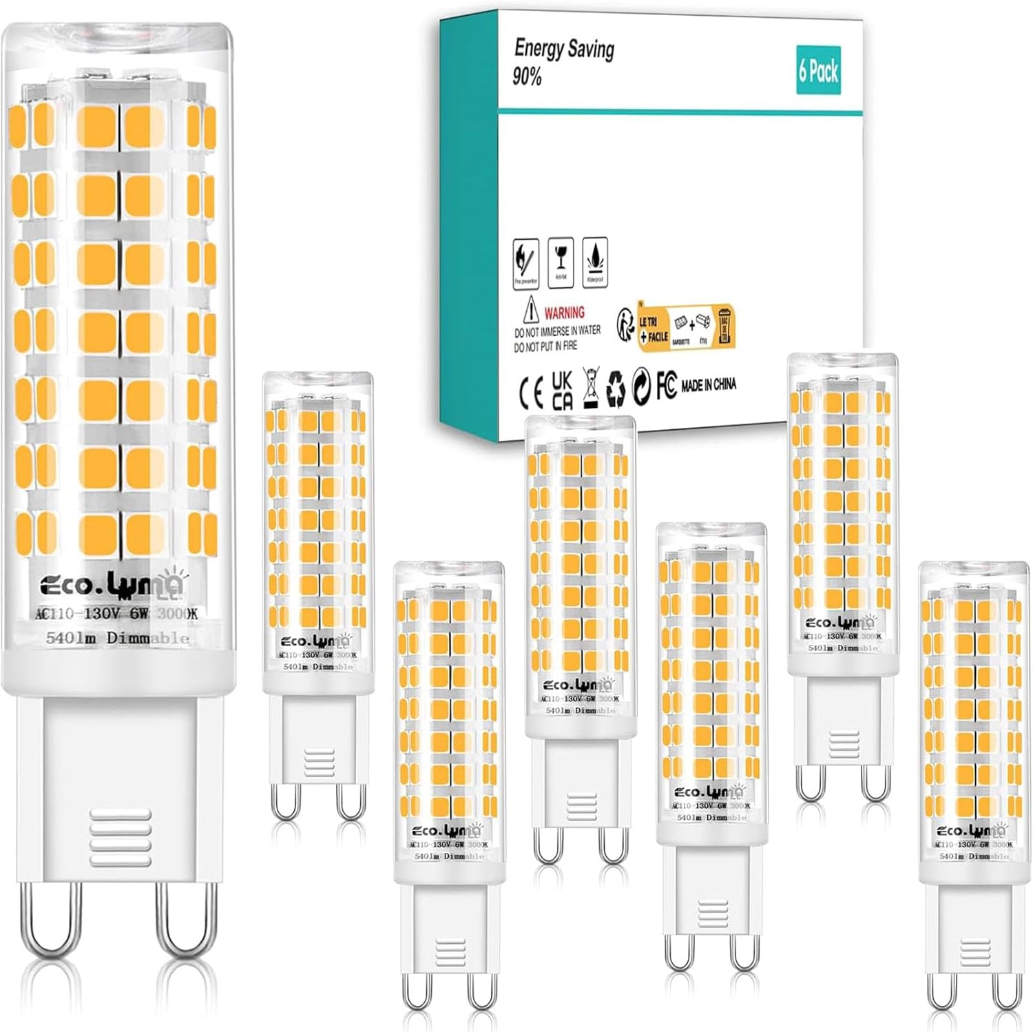 G9 LED Bulb Dimmable, 6W T4 G9 LED Bulb 60 Watt Equivalent, 3000K Soft Warm White, 540 Lumens, G9 Bi-Pin Light Bulbs for Indoor Lighting Replacement, No Flicker (Soft Warm White, 6 Pack)