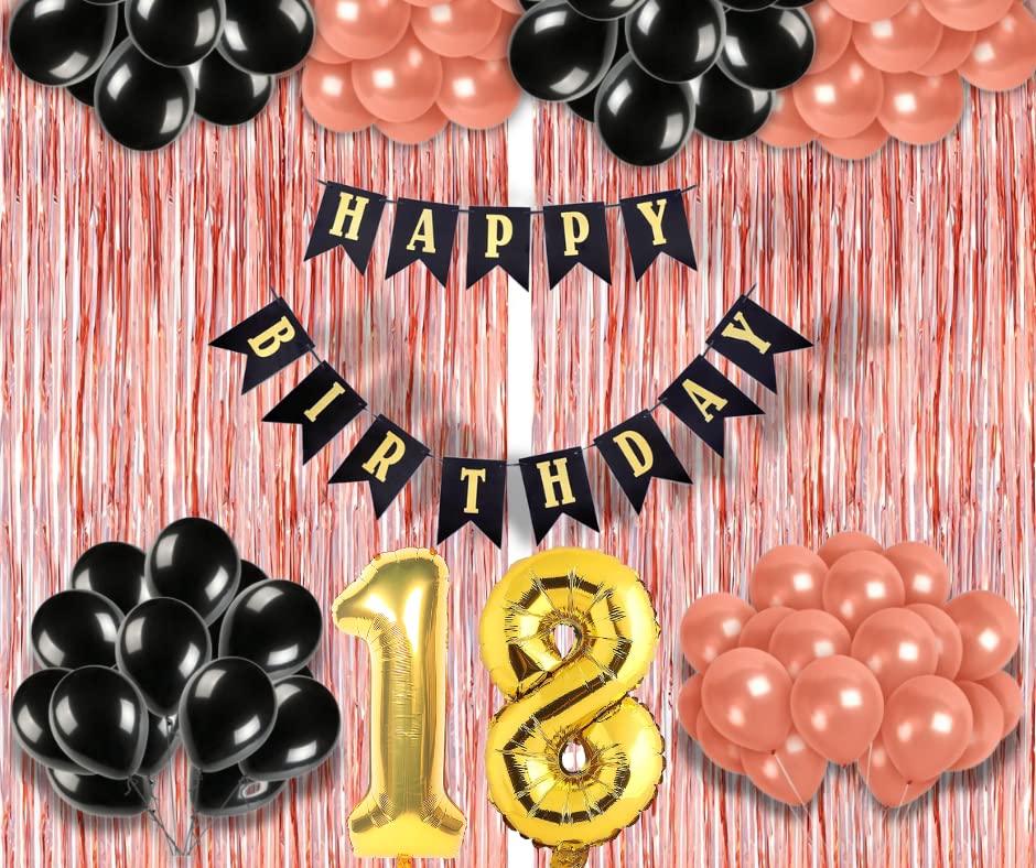 Image of 18th Birthday Decoration items for Girls with Black and Rose Gold Balloons, Black Happy Birthday Banner, Rose Gold Foil Curtain, Foil Balloon number 18