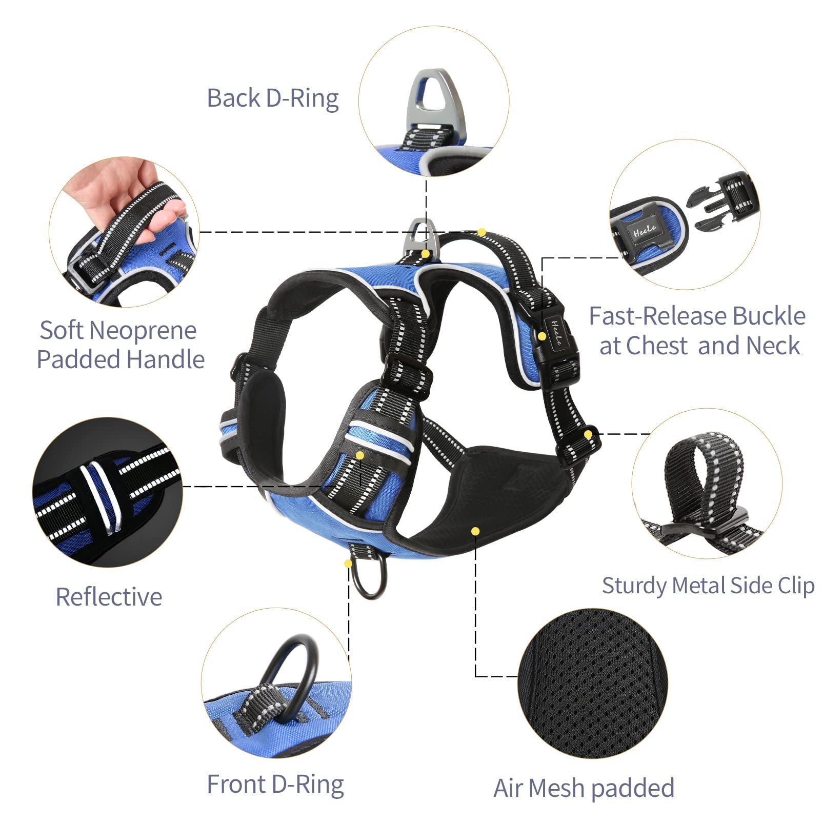 HEELE Pettorina Cane Taglia Piccola Riflettente Pettorina Addestramento Cani Anti Tiro con 2 Ganci in Metallo + Comodo Maniglia, Gilet per Cani Regolabile per Camminare, Blu, S