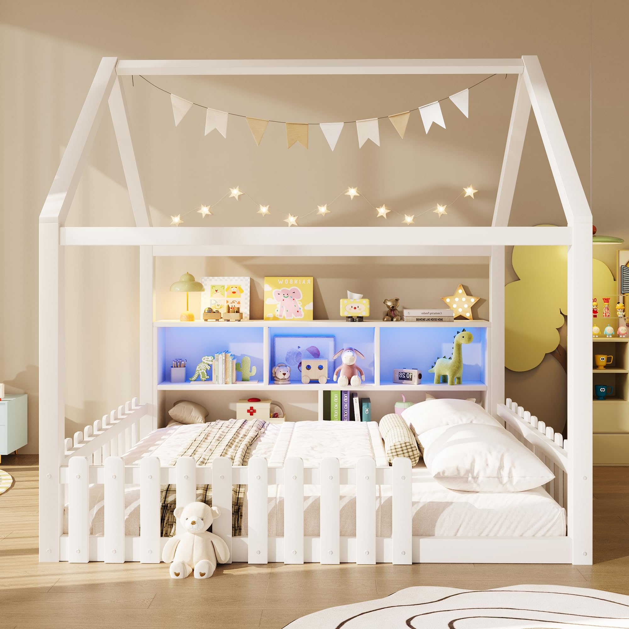 Cama infantil de 140 x 190 cm, con tira de luces LED, compartimentos de almacenamiento abiertos, listón de casa, cama de suelo Montessori con protección contra caídas y somier, cama de madera para