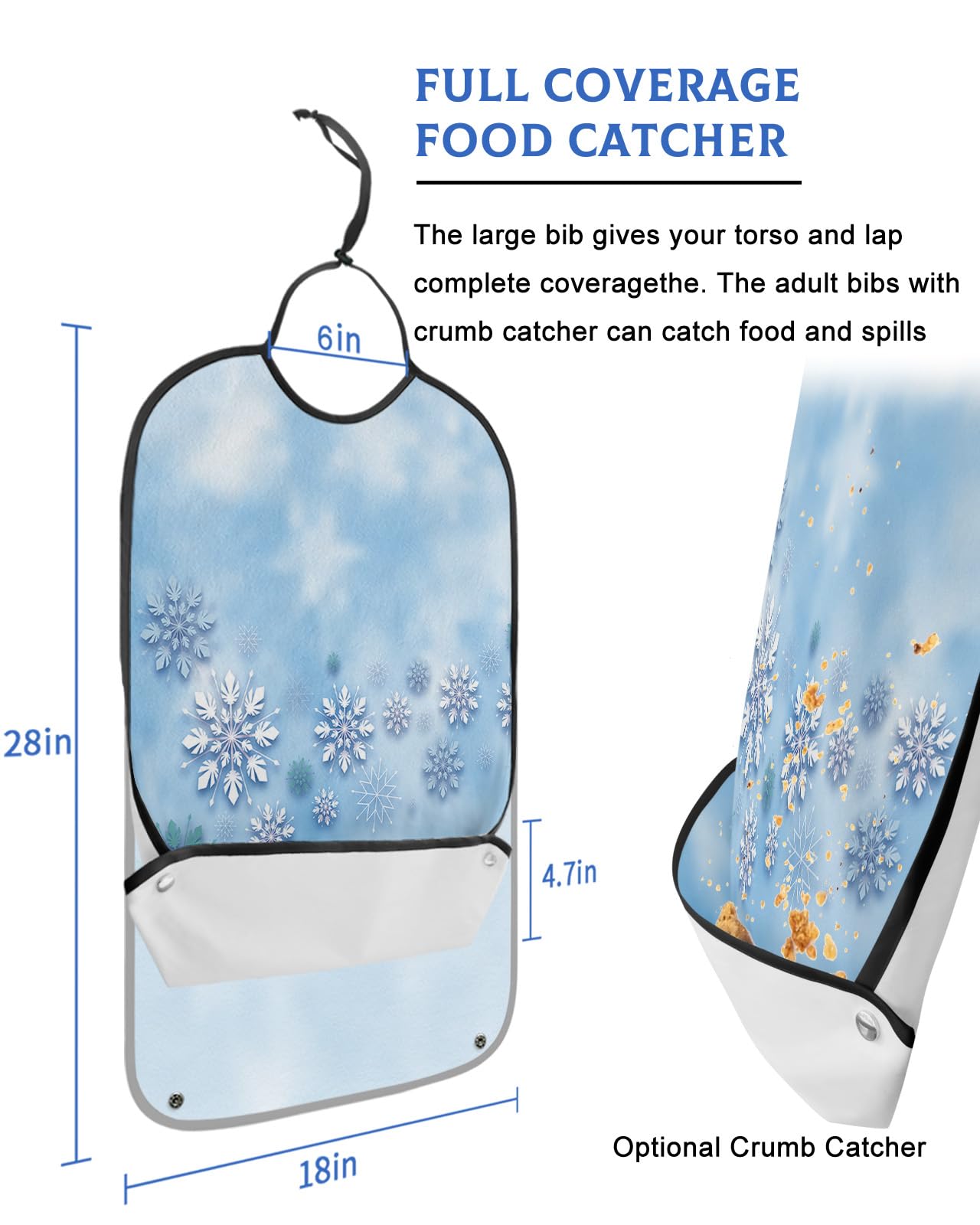 Christmas Snowflake Adult Bibs for Eating, Waterproof Bibs with Food Catcher & Adjustable Snap Closure, Hazy Winter Snowflake Blue Washable Clothing Protectors Adult Bibs for Elderly Women/Men