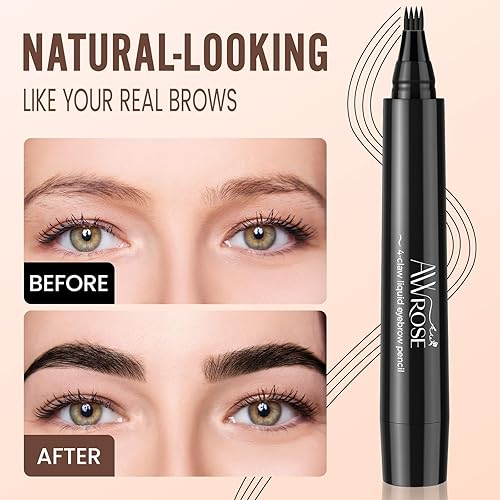 Miniatura 2 de AWROSE Lápiz de cejas, paquete de 2 plumas 3D impermeables de microblading con 4 puntas de tenedor, lápiz de tatuaje, pluma de cejas mágica natural