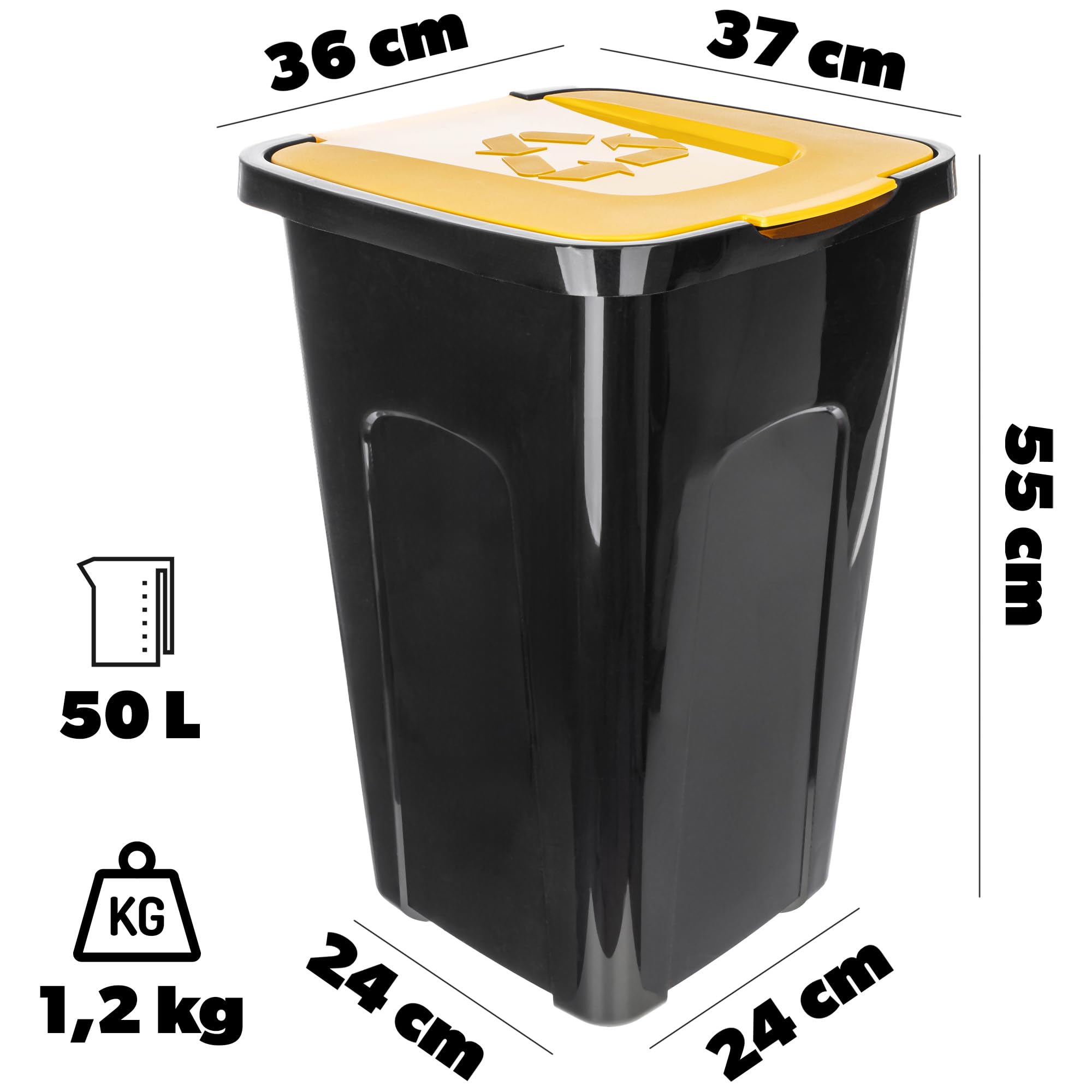 KADAX Cubo de basura grande, rectangular, de poliuretano, para separar vidrio, plástico y residuos orgánicos, 50 litros, amarillo
