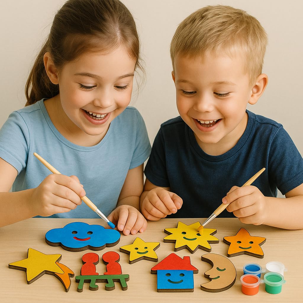 LET'S DIY Wooden Cutouts Painting Kit, 8 Pieces with 5 Paint Colours and Brush, Cloud Moon Star House Shapes for Kids Crafts Activity Kit | Screen-Free Learning & Fun for Children 1