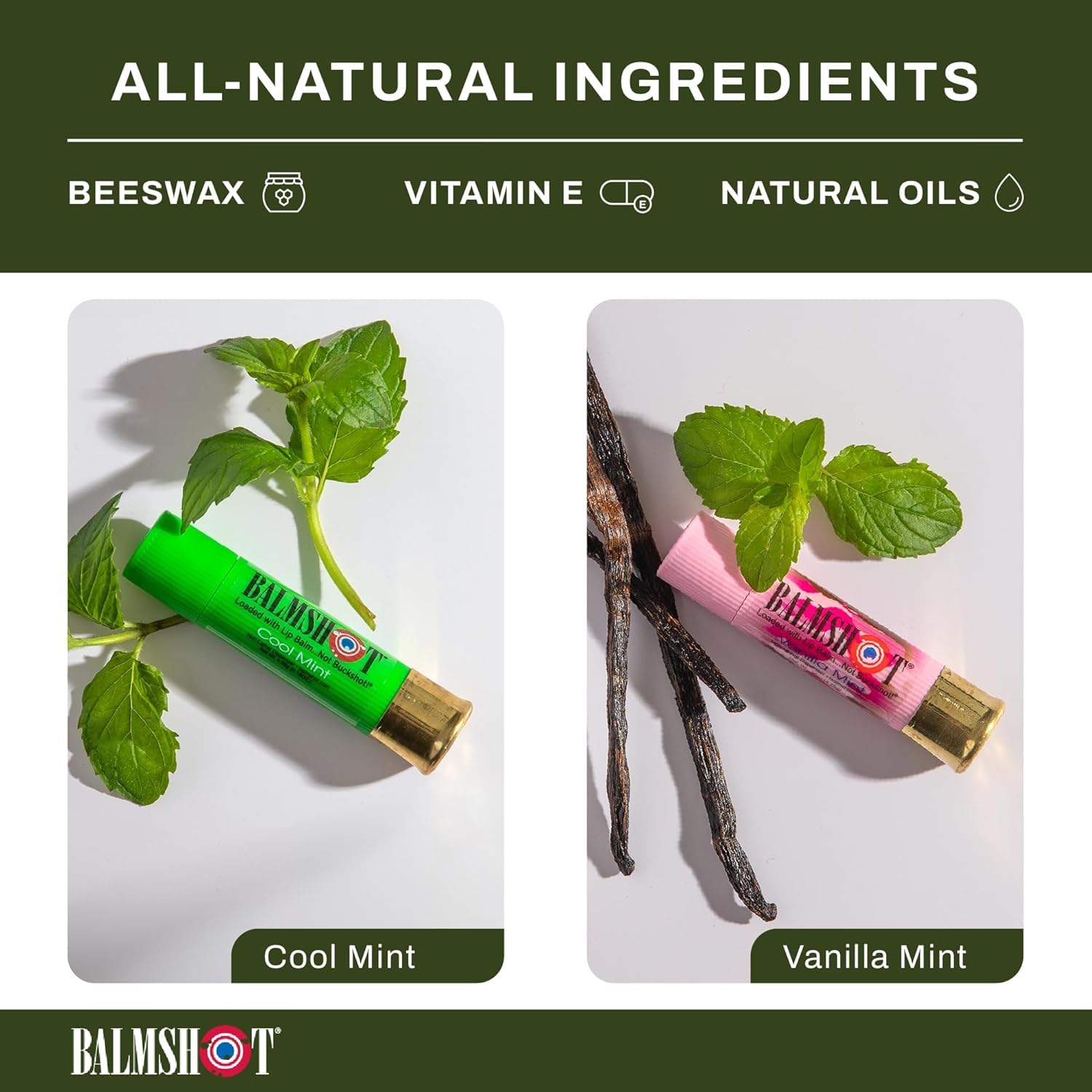 BALMSHOT Lip Balm 4-Pack - Minty Combo Variety Pack - (2) Cool Mint & (2) Vanilla Mint - SPF 15 Beeswax Chapstick Formula, 20-Gauge Brass Shotgun Shell Tube, Heat Resistant, Made in USA