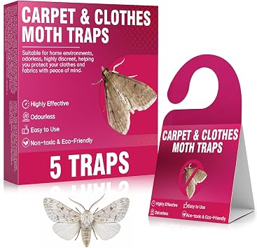 Pheromone Moth Traps, Clothes Moth Traps   Sticky Moths Catchers, Long-Lasting Up to 3 Months, for Wardrobes, Drawers, carpets & Fabric Storage, Safe for Homes with Pets & Children 5 Pack