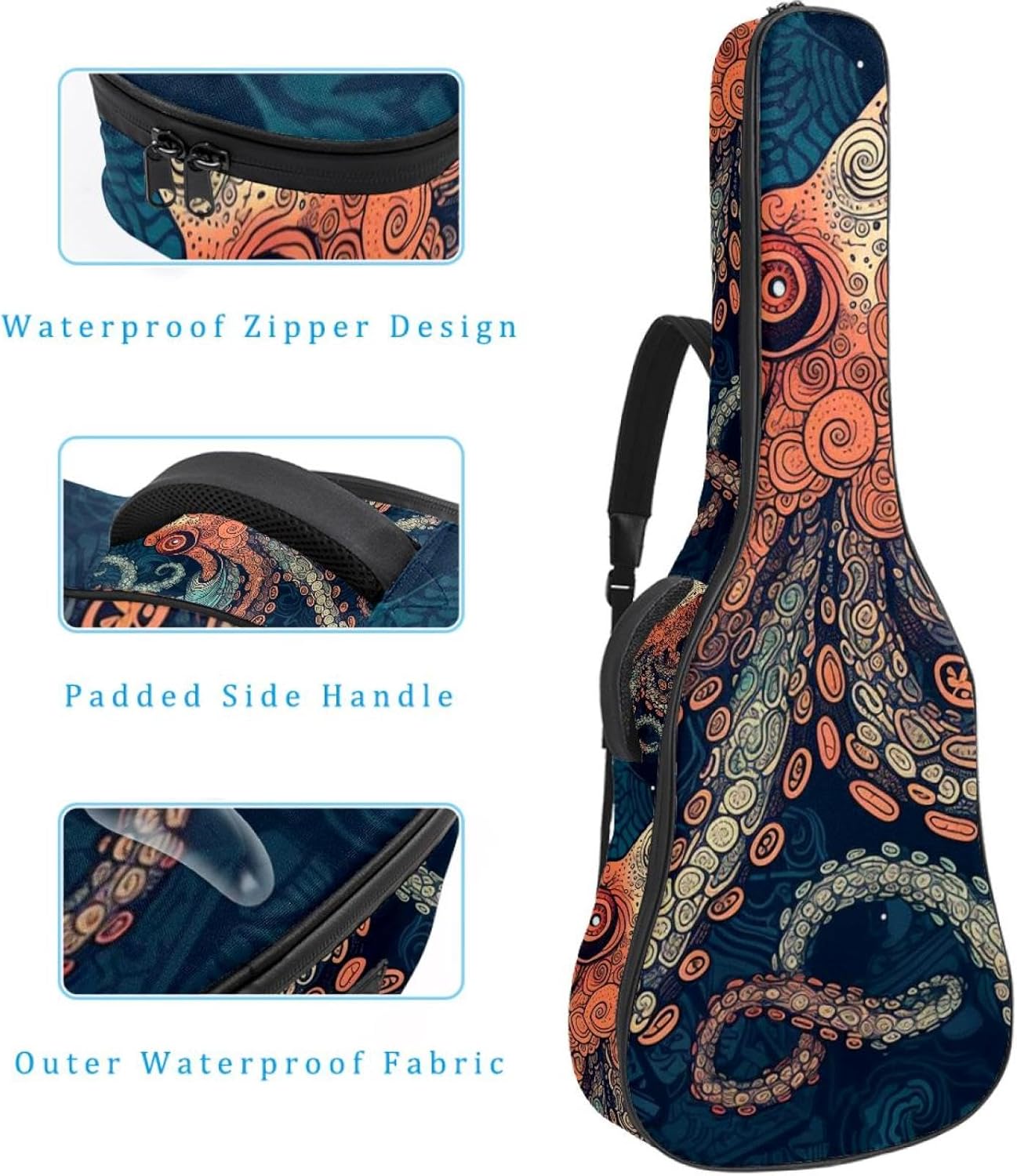 40/41/42-inch Octopus Art Acoustic Guitar Bag With Adjustable Shoulder Strap And 2 Storage Bags. Guitar Bag With Back Hanging Loop, Electric, and Classical Guitars