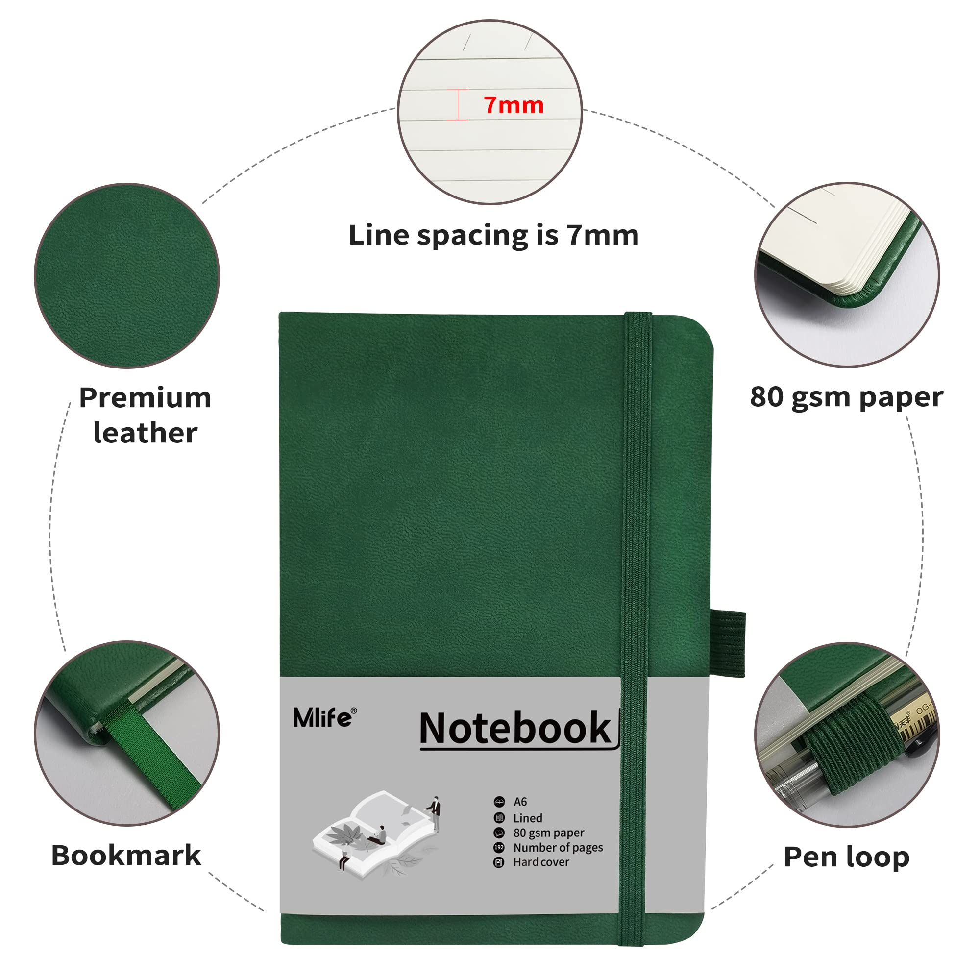 Mlife Carnet de notes A6 192 pages Couverture rigide Bande élastique Pochette pliable Vert
