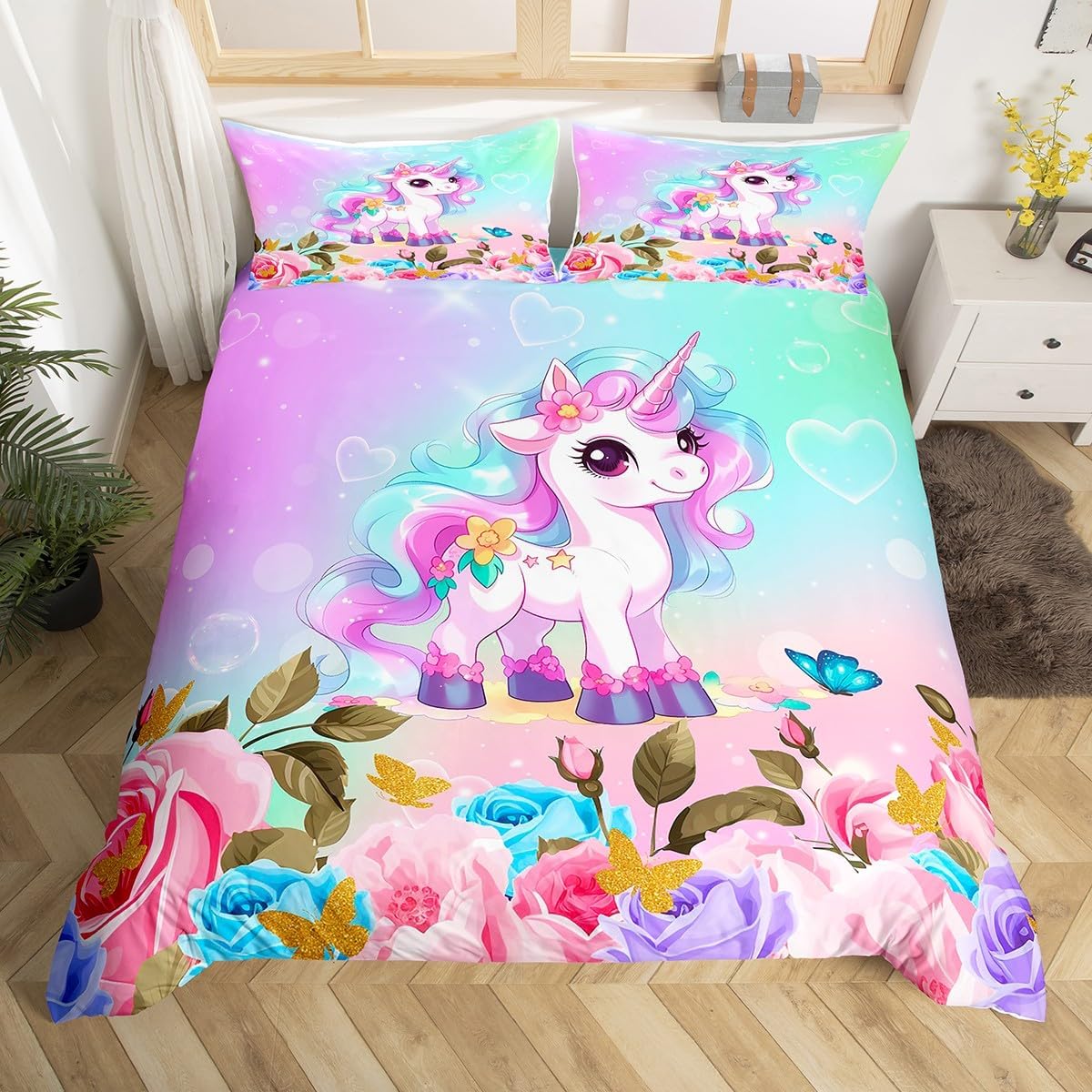 Cartoon Unicorn Children's Duvet Cover Set 200 x 200 cm, Rose Flowers