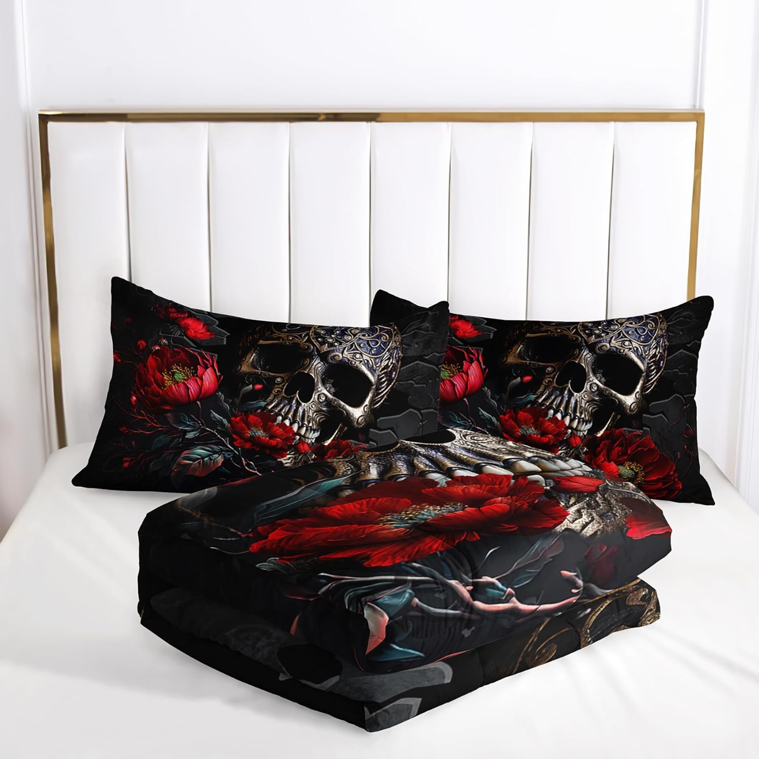 Gothic King Size Bedding Set with Skull & Rose Comforter, Black Quilt