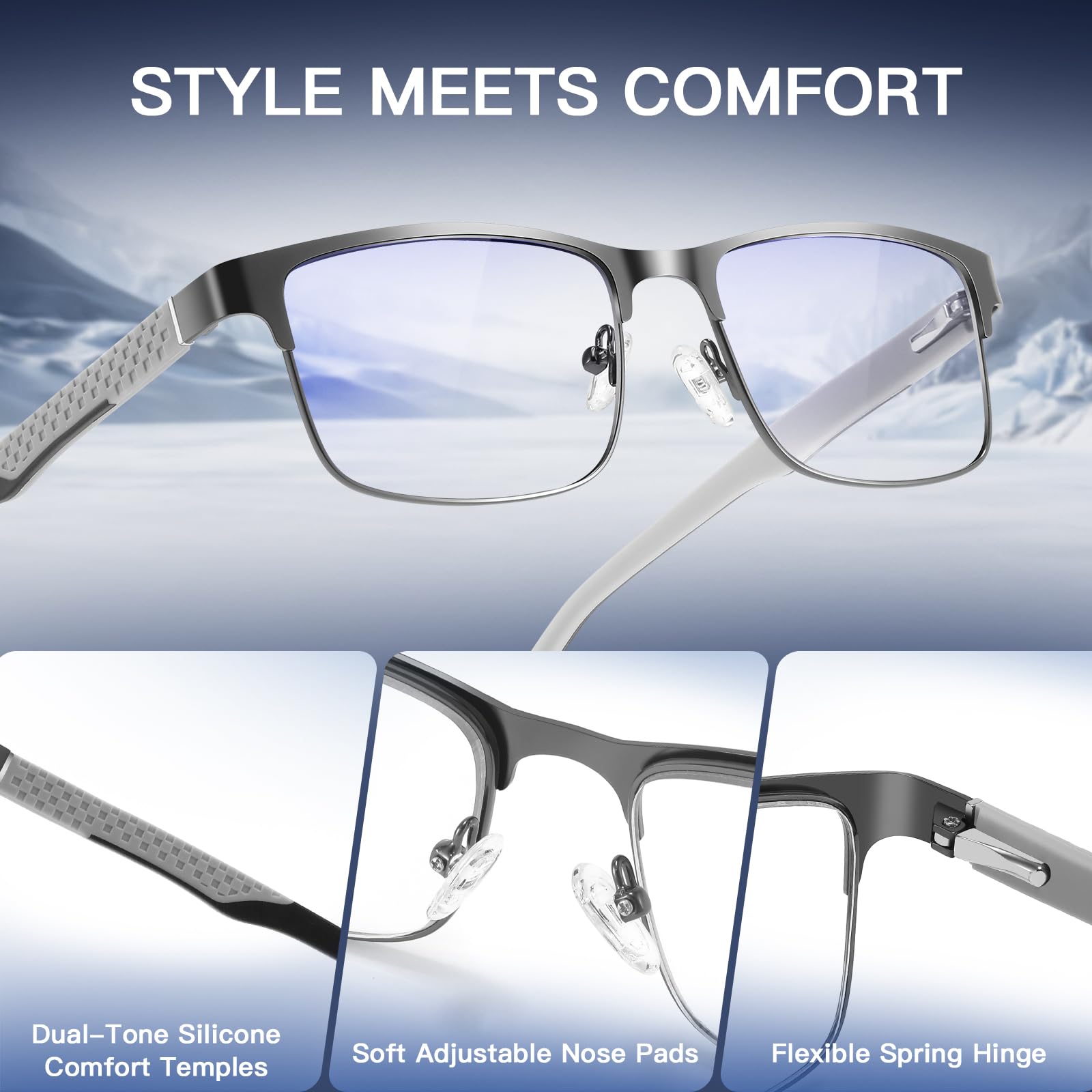 Lesebrille für Herren, quadratisch, Metallrahmen, zweifarbig, Silikonbügel, blaues Licht, blockierende Lesebrille mit Federscharnier, 2 Stück