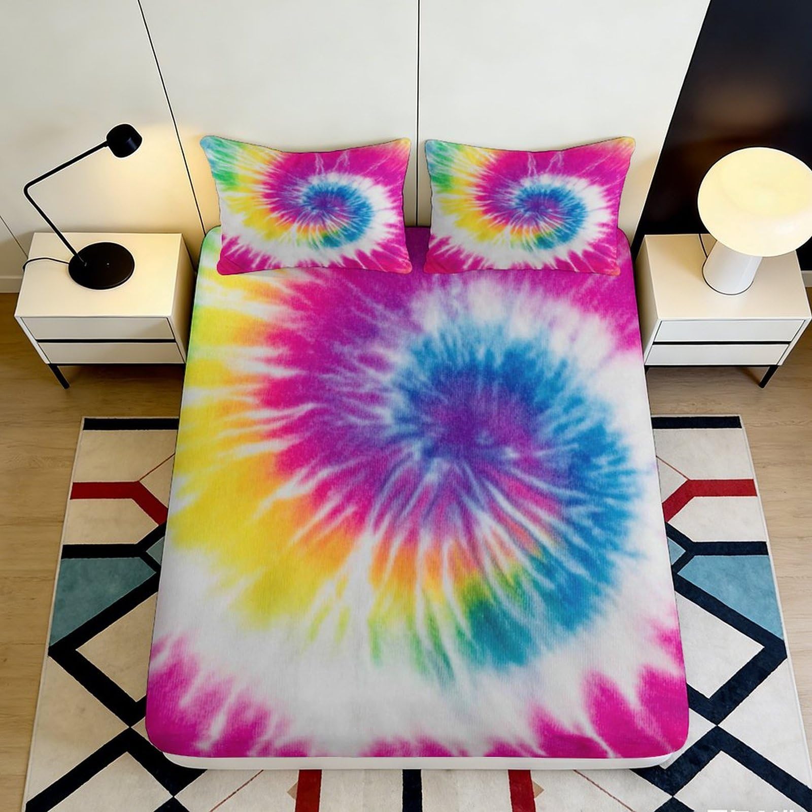 3D Printed Tie Dye Swirl Fitted Sheet Microfiber Soft Vibrant Rainbow Spiral Mattress Cover for Bedroom Guest Room Dorm Decor 90x200x25cm