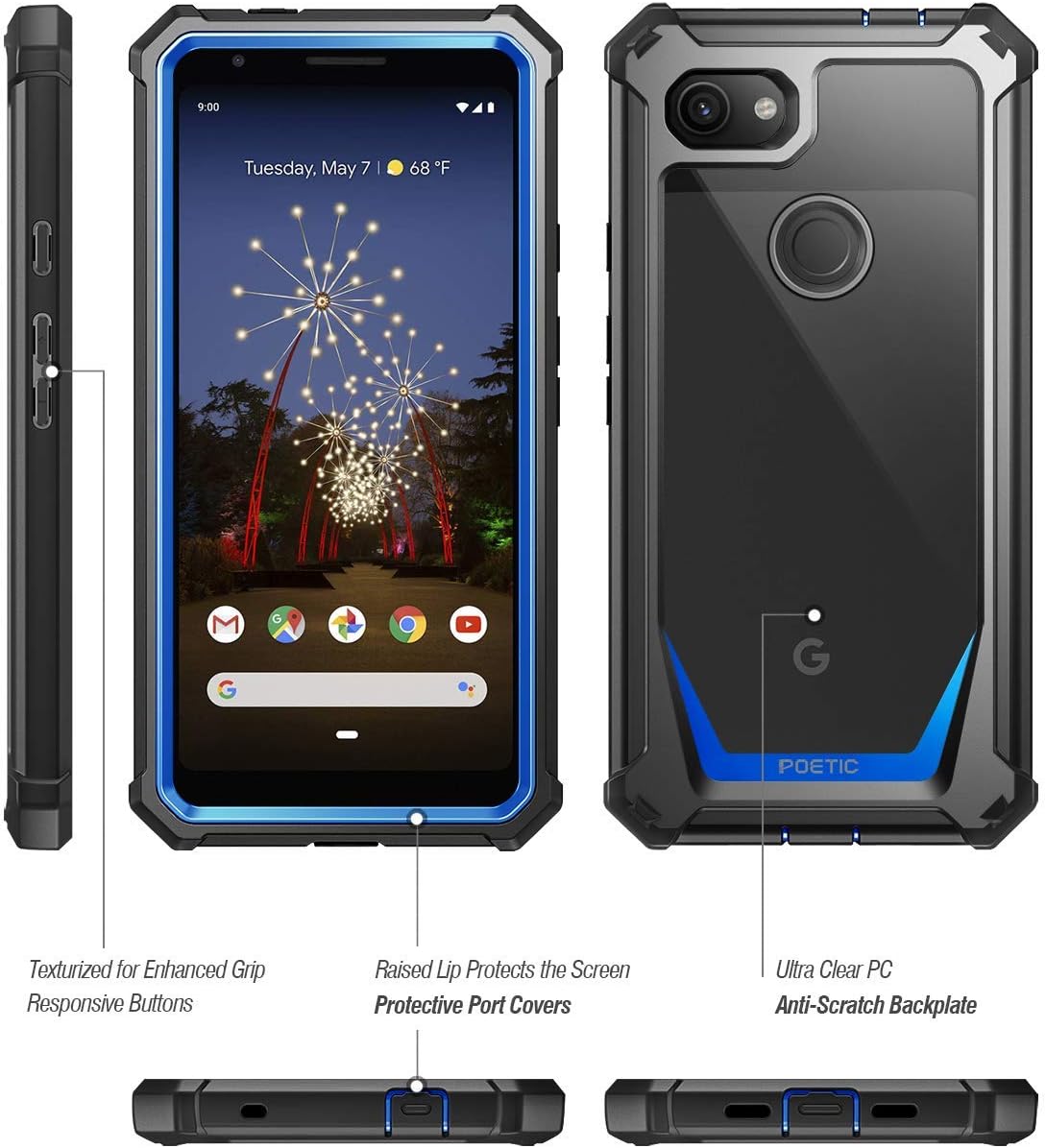 Poetic Google Pixel 3a XL Rugged Clear Case, Full-Body Hybrid Shockproof Bumper Cover, Built-in-Screen Protector, Guardian Series, Case for Google Pixel 3a XL (2019 Release), Blue/Clear