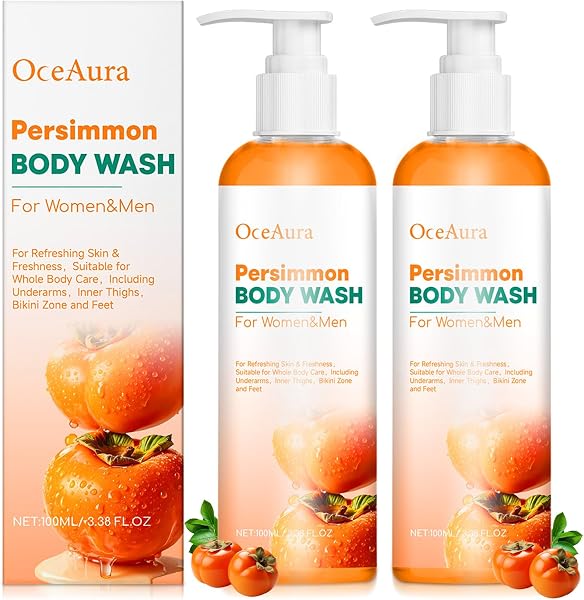 2 Persimmon Body Wash,Gel de Ducha de Caqui,Jabón Corporal de Caqui y Té Verde,Gel de Baño de Limpieza Profunda Hidratante Natural Eliminador de Olores - 1