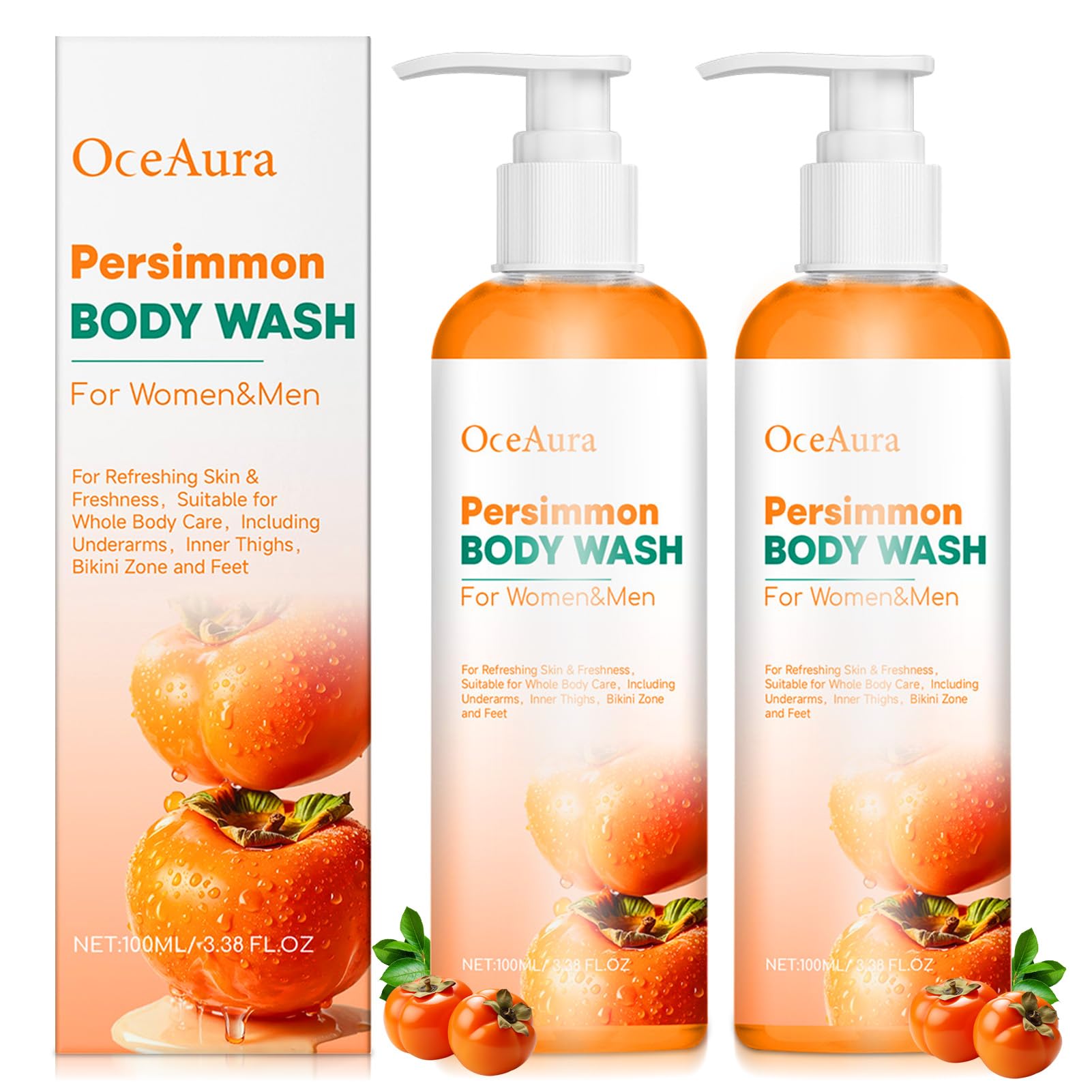 2 Persimmon Body Wash,Gel de Ducha de Caqui,Jabón Corporal de Caqui y Té Verde,Gel de Baño de Limpieza Profunda Hidratante Natural Eliminador de Olores