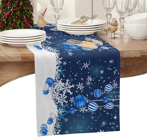 Miniatura 2 de Camino de mesa de lino y algodón de Feliz Navidad, bola de Navidad azul, árbol de Navidad, copos de nieve, caminos de mesa de Navidad para mesa de