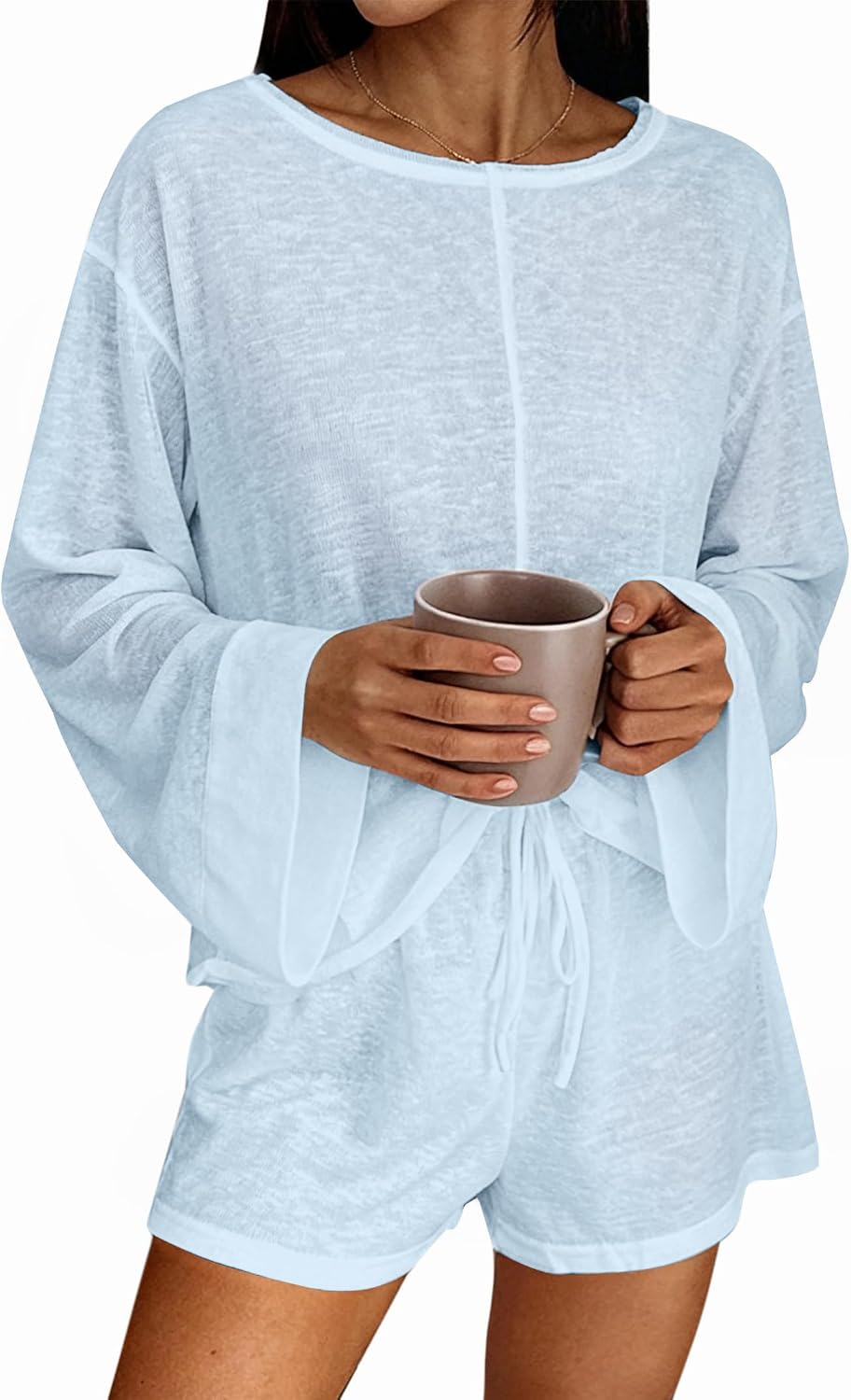 Remidoo Women's See Through Pajamas Long Sleeve Sleepwear Drawsting Mesh Sheer Pj Set