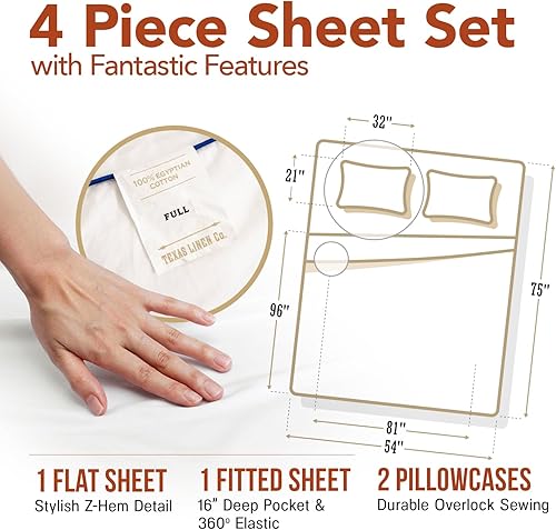 Miniatura 5 de TEXAS LINEN CO. Juego de sábanas de lujo de algodón egipcio a rayas, juego de 4 piezas de fibras extralargas de 600 hilos, sábanas de damasco beige,