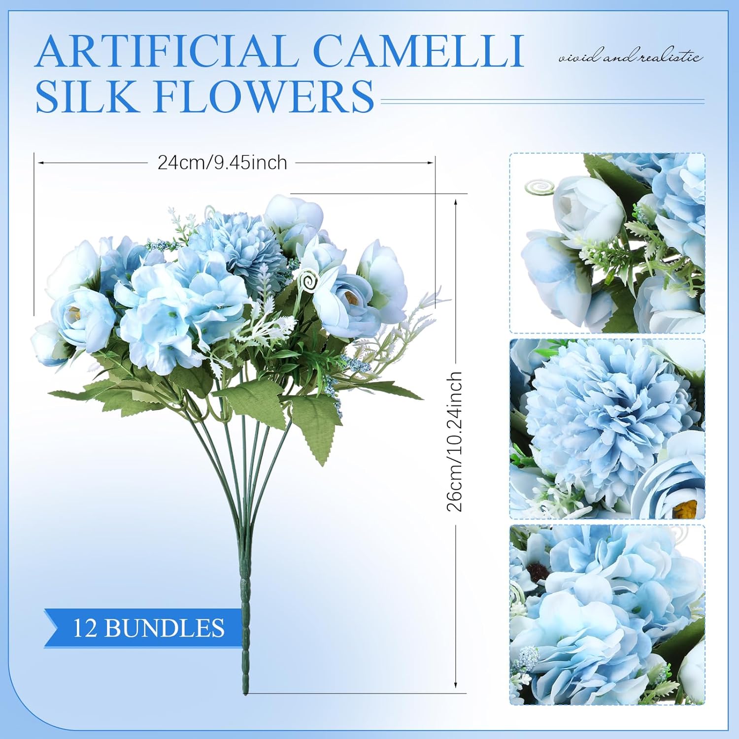 Tigeen 12 Bundles Peonies Artificial Flowers Faux Roses Silk Flowers Hydrangea Artificial Bouquet for Wedding Table Centerpiece Floral Vase Home Office Bridal Decor (Blue) - Image 2