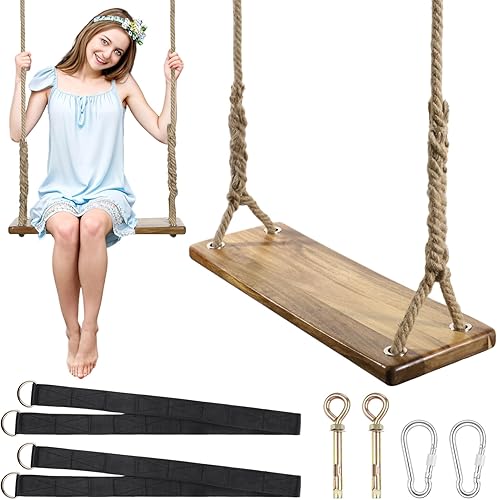 Wooden Tree Swing,Wooden Swing for AdultsKids with 500lbs Load Capacity Waterproof Wooden Hanging Swing Seat Adjustable Hemp Rope Plus Tree Straps