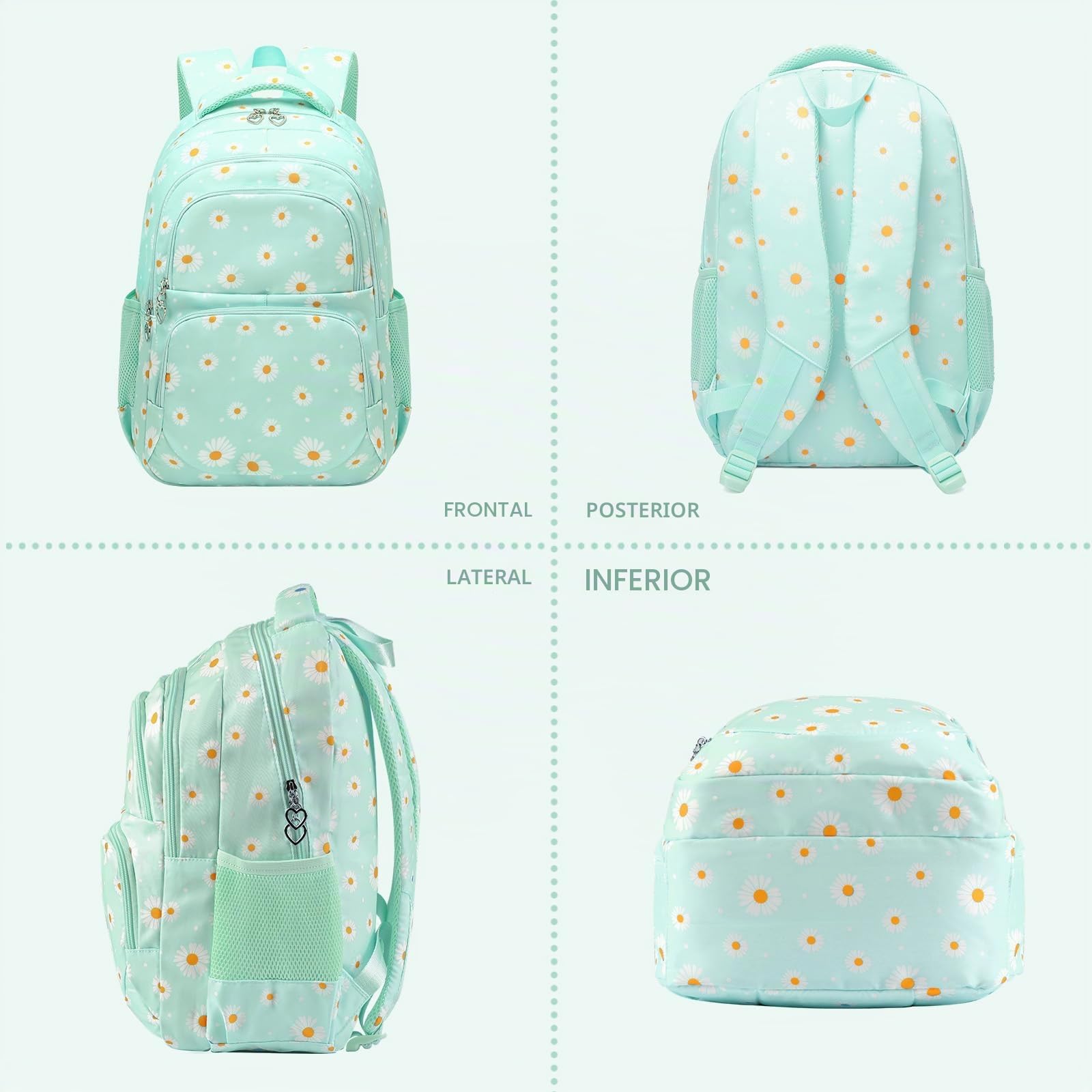 Juego de mochila escolar con estampado de margaritas, bolsa de almuerzo, estuche para lápices, 3 piezas, para adolescentes, niñas, niños, primaria, secundaria, resistente al agua, ligera
