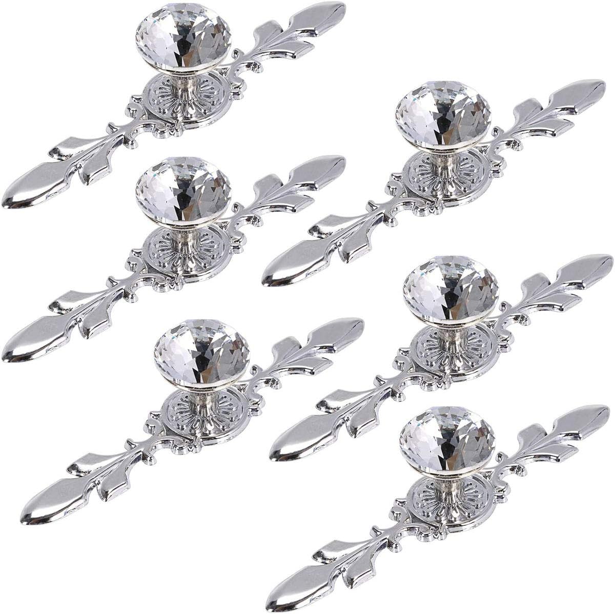 6Pcs 6.7" Diamond Crystal Glass Cabinet Knobs Dresser Drawer Handle pulls with Plate and Screws, Bathroom Door Cupboard Kitchen Wardrobe Drawer Furniture Decoration