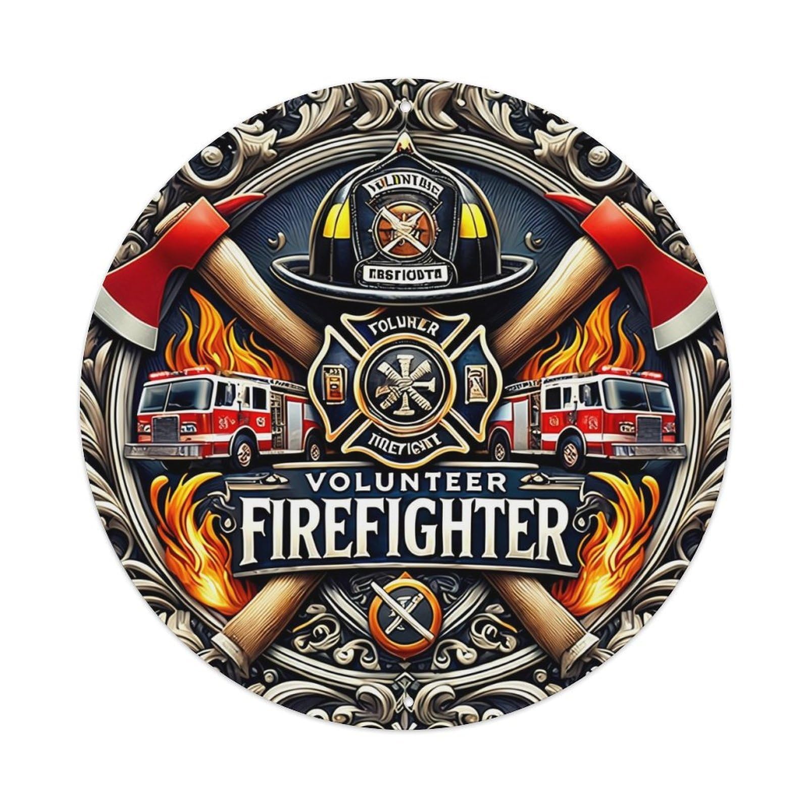 Fire Truck Axe Helmet Flame Vintage Round Tin Sign Retro Metal Wall Decor Metal Poster, Home Bar Garage Cafe Wall Art Decoration 8x8Inches