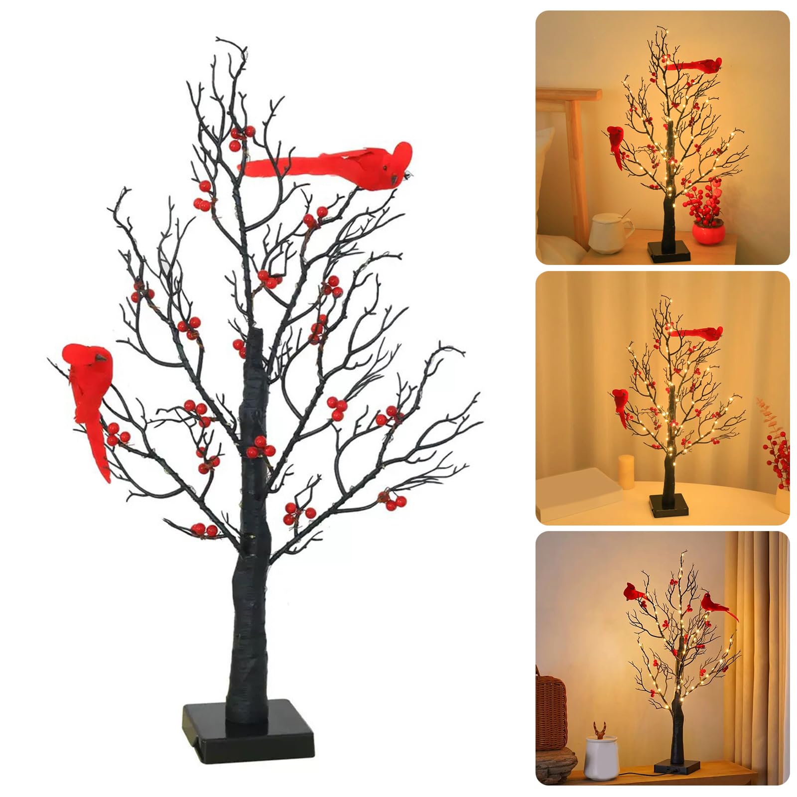 Árbol de Navidad artificial iluminado por LED con bayas rojas y decoración de pájaros, lámpara de mesa alimentada por pilas para fiestas festivas, luz cálida y brillante
