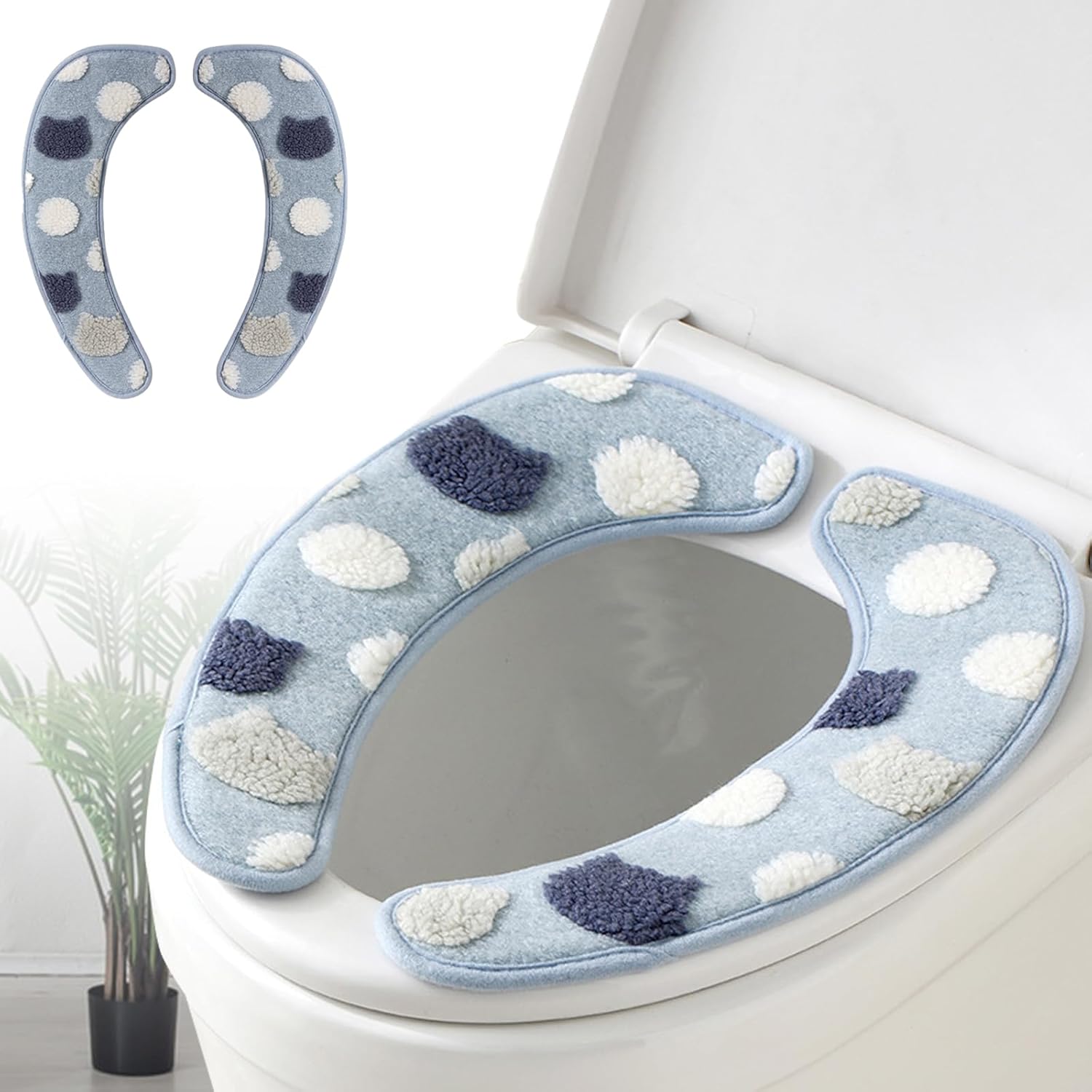 Thick and Warm Toilet Seat Cover – Washable, Reusable Cushion with TPR Adhesive Back & Decorative Pattern for Comfort & Insulation (Blue)