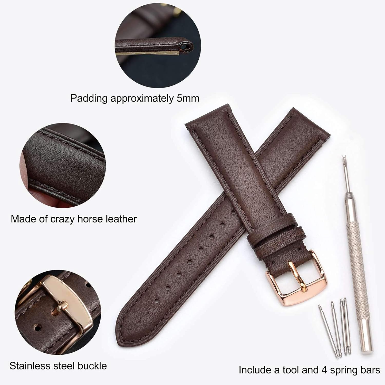 WOCCI 22mm Vintage Leather Watch Band with Rose Gold Buckle, Replacement Bands (Dark Brown)