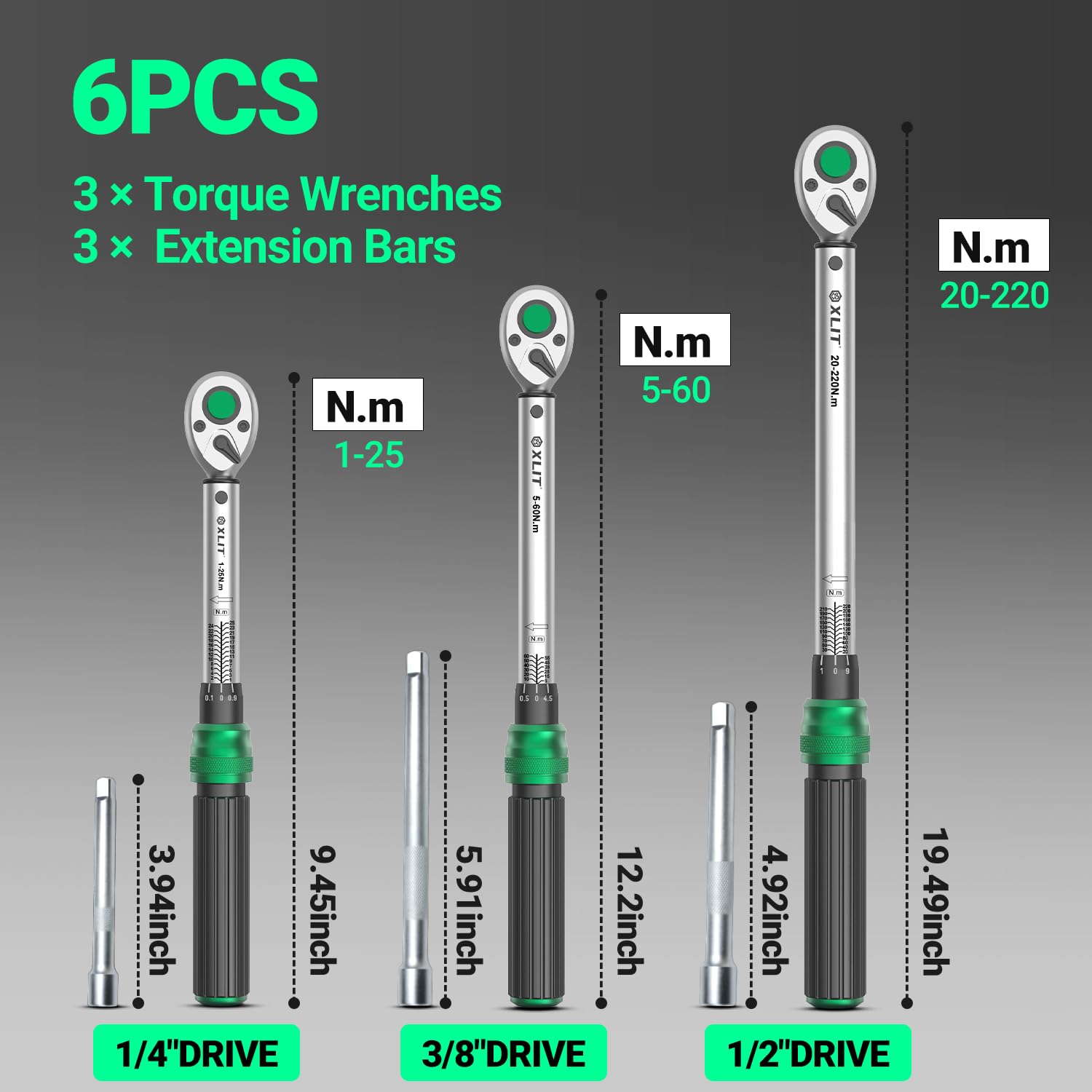 Set di 6 chiavi dinamometriche professionali a scatto – 1/4 3/8 1/2 pollici Set con 3 estensioni – 1 – 220 Nm, precisione ±3% – per riparazione auto, moto e biciclette