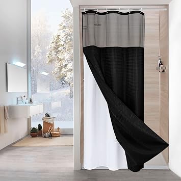 Luxury Textured Fabric Shower Curtainwith Snap-in Liner Black,36x72