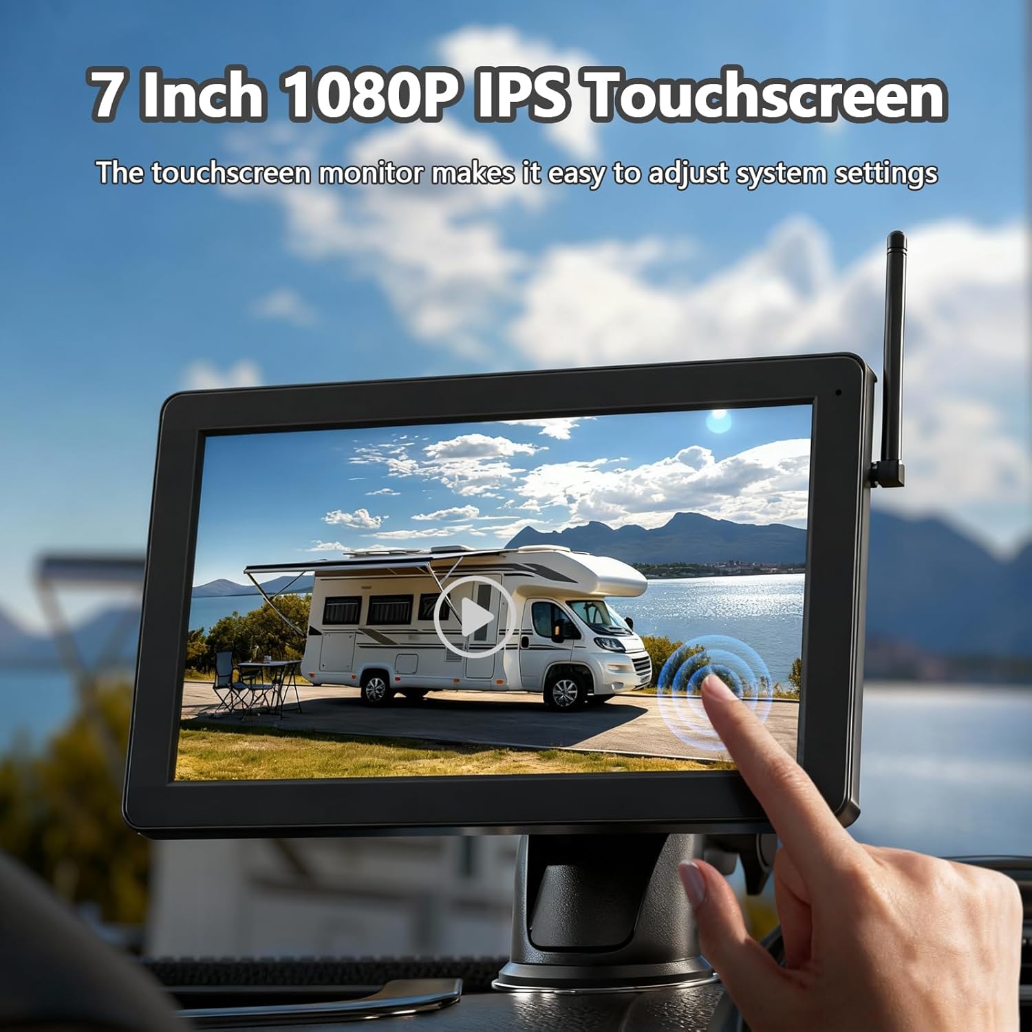 A hand touching the 7-inch 1080P IPS touchscreen monitor displaying a live feed from the camera, with menu options visible.