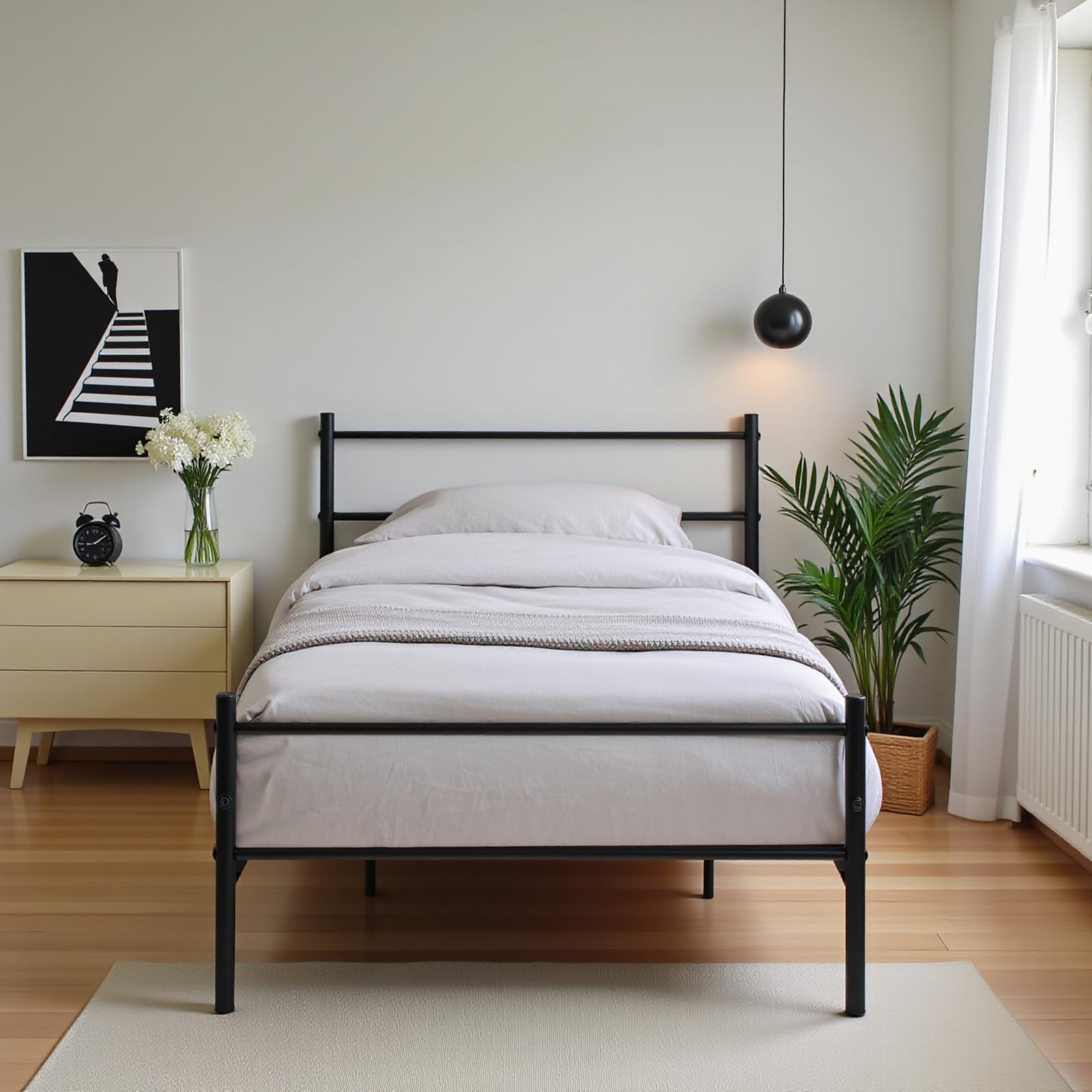Estructura de cama de metal | cama individual moderna juvenil con somier para dormitorio o habitación de invitados | 90 x 190 cm | negro