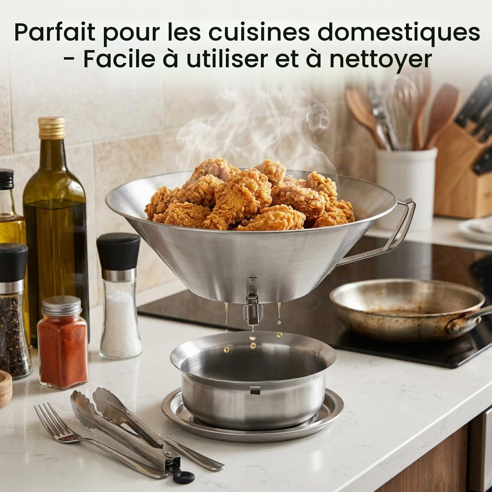 Passoire à huile pour frites en acier inoxydable 304 – Entonnoir à graisse avec bol d’égouttage et récipient de récupération d’huile – Accessoire de cuisine domestique et commerciale