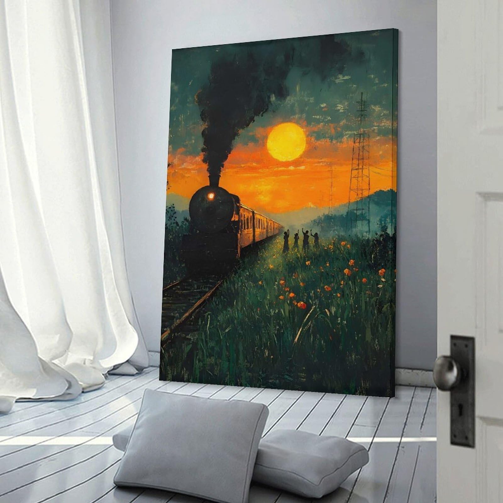 Junmoney Frame-Style-7 Train At Sunset With People Waving Decorative Wall Artwork 24X36inch(60X90cm), For Corridors, Hallways Or Apartment Entries, Home Artwork For First Impressions