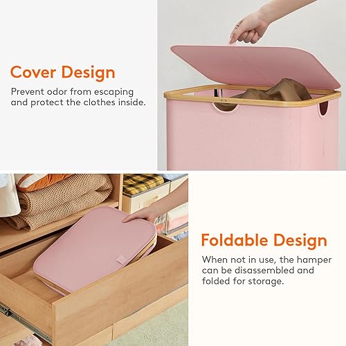 Miniatura 239 de Lifewit Cesta grande de 100 litros con tapa para ropa con asas de bambú y bolsa extraíble, plegable para dormitorio, baño, residencia universitaria