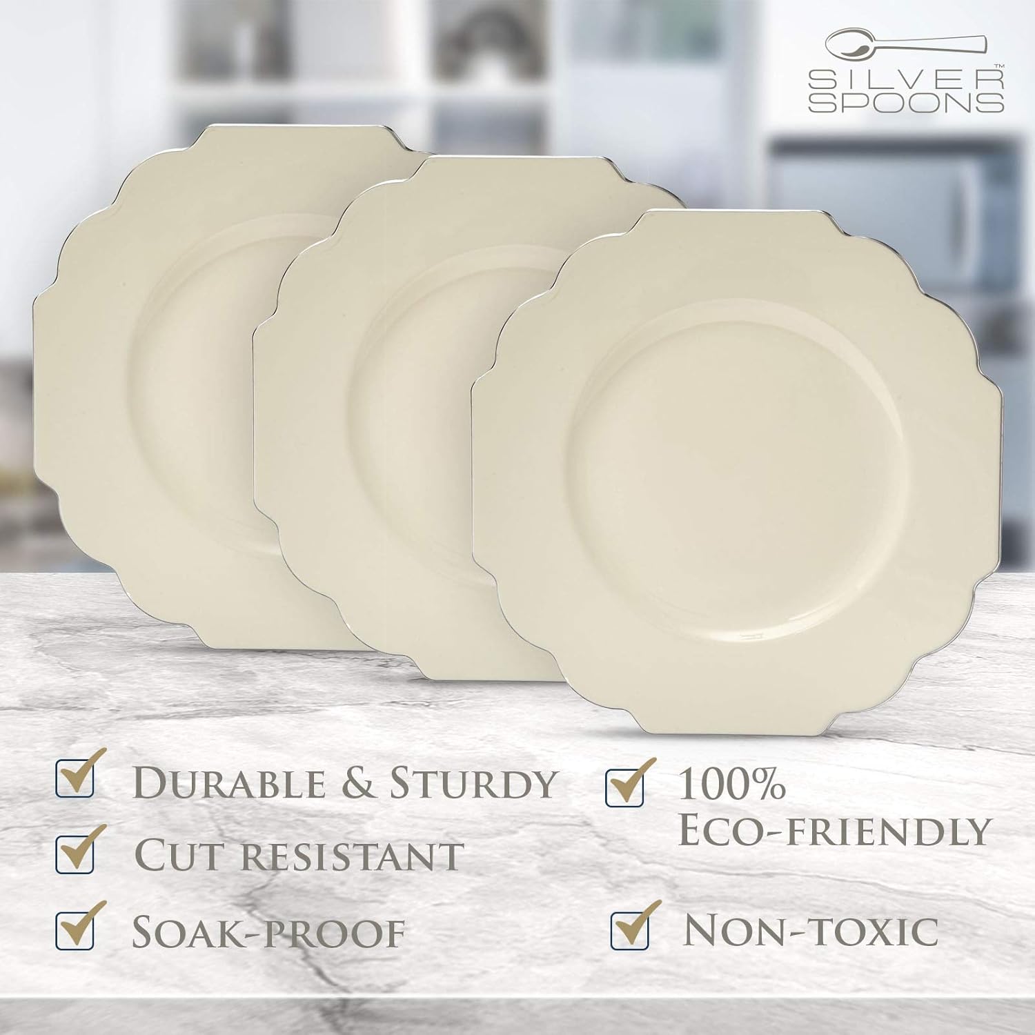 SILVER SPOONS Elegant Plastic Plates for Party with Scalloped Rim (10 PC), Disposable Heavy-Duty Dessert Plates for Wedding Reception - 6”, Fancy Plastic Dinnerware Sets with Silver Edge - Ivory - Image 5