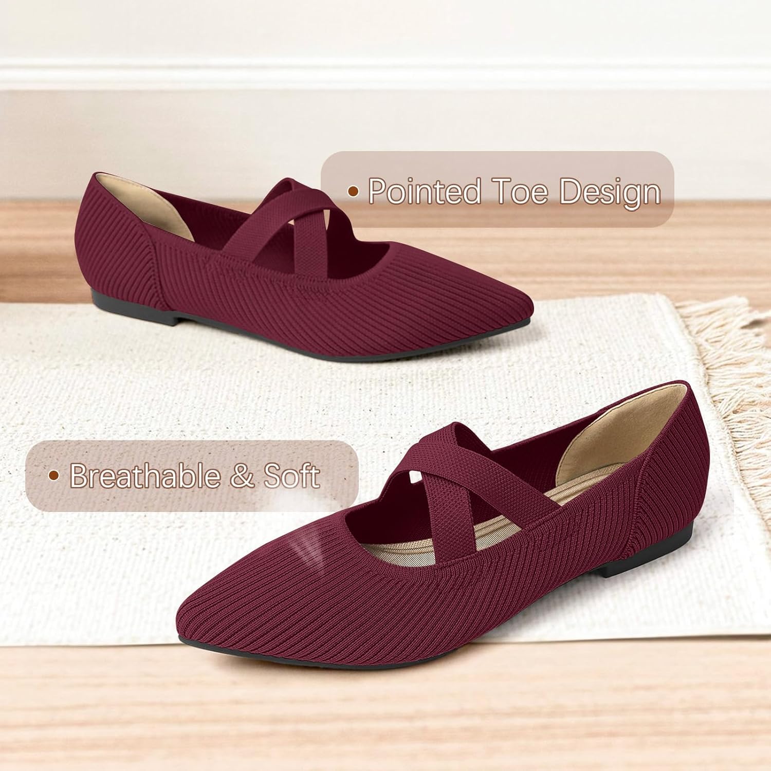 Women's Flats Shoes Pointed Toe Knit Washable Comfortable Dressy Mary Jane Ballet F... - Image 5