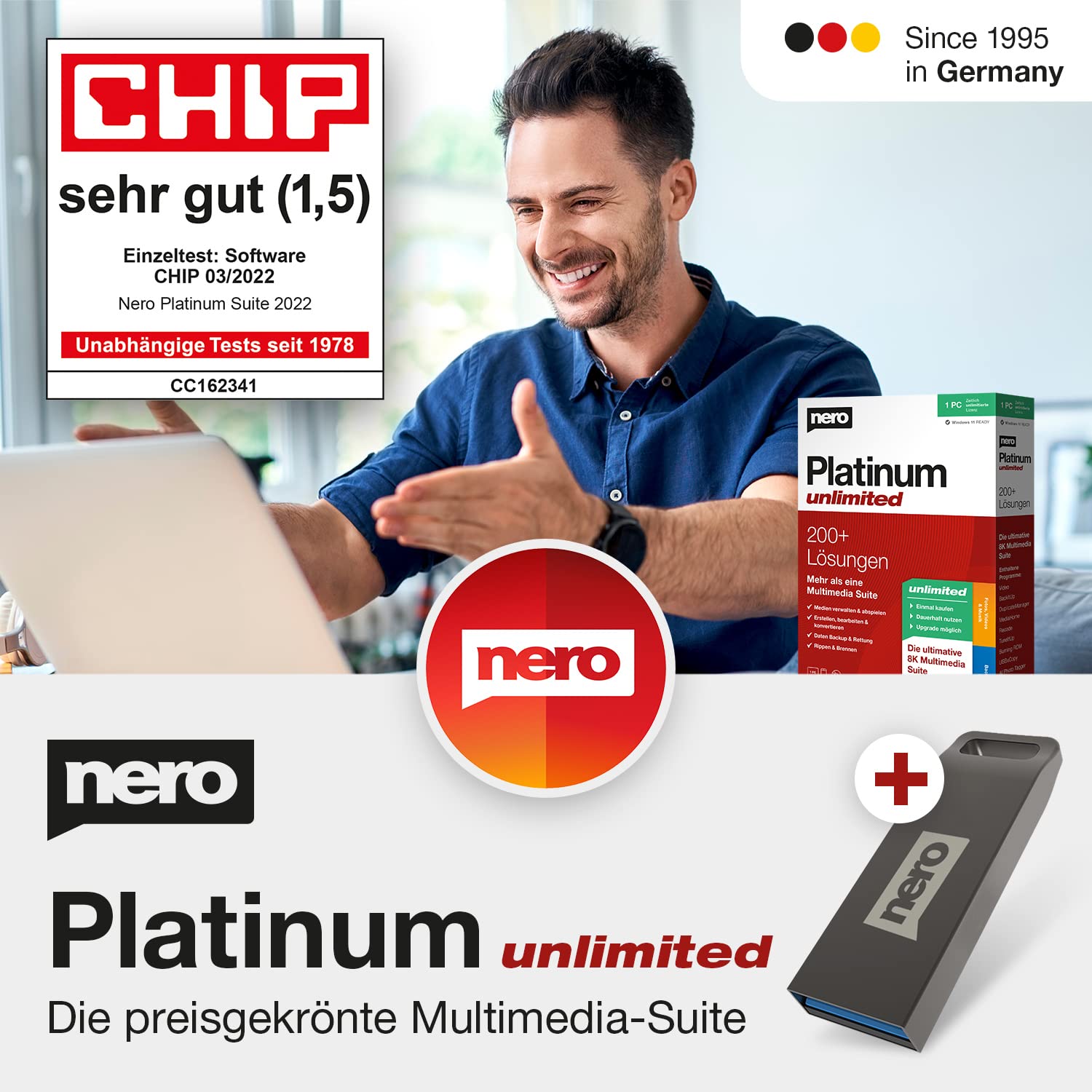 Nero SOFTWAREPAKET: Nero Platinum Unlimited Suite auf USB Stick | Videobearbeitung | Backup | Medien verwalten & abspielen | 8K | Fotos | Musik | PC Tuning | 1 PC | Windows 11 / 10 / 8 / 7