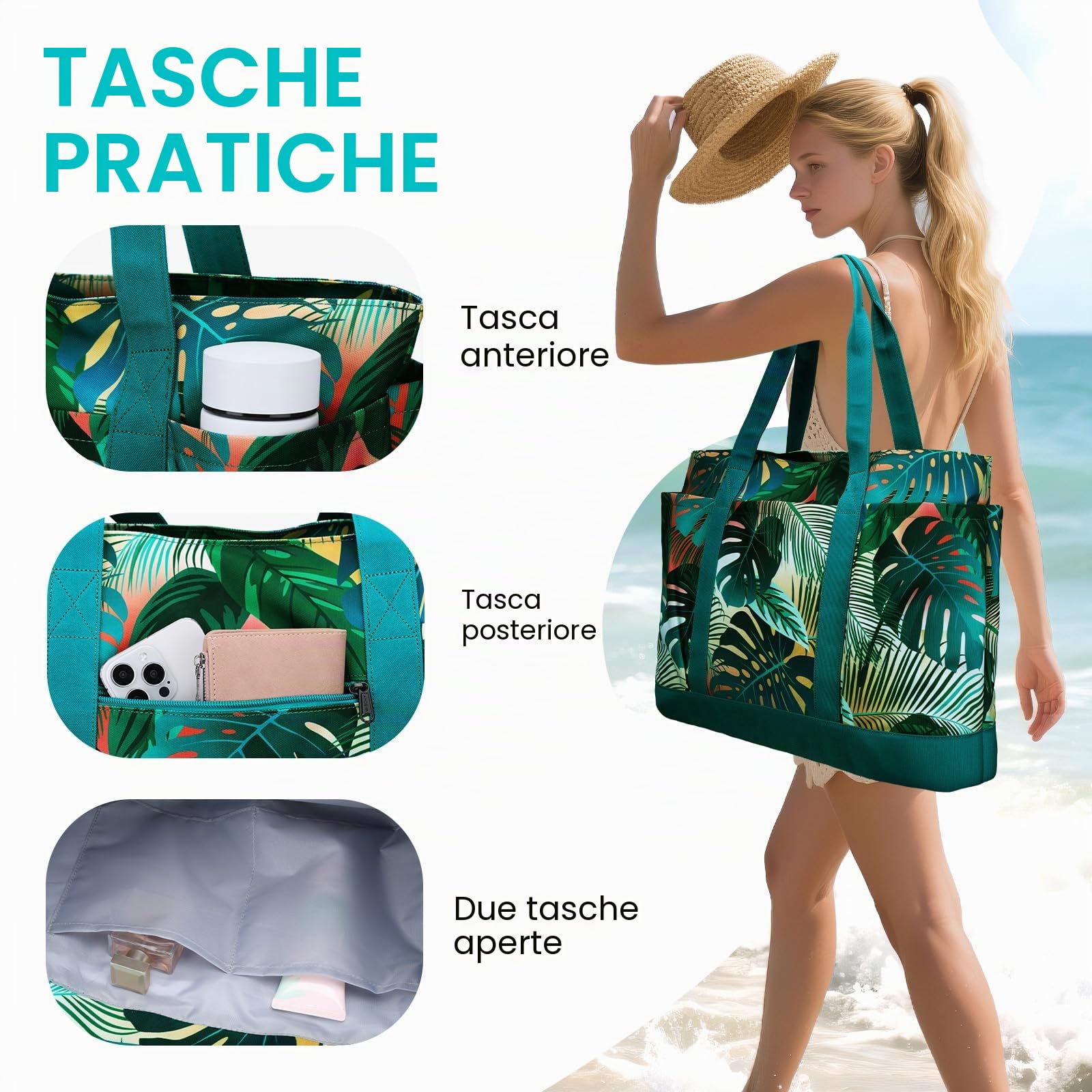 VASCHY Borsa Mare Grande,Borsa Spiaggia Donna Impermeabile Borse Tela Mare con Tasche Multifunzione Piegevole Viaggio Estiva